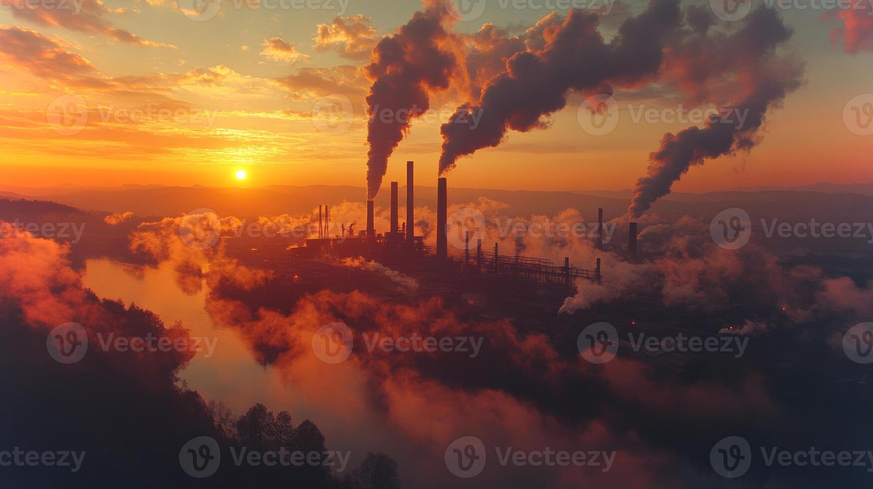 A powerplant is silhouetted against a vibrant sunset, with dark smoke billowing from tall chimneys. Below, a river reflects the warm colors of dusk while industrial activity continues. photo