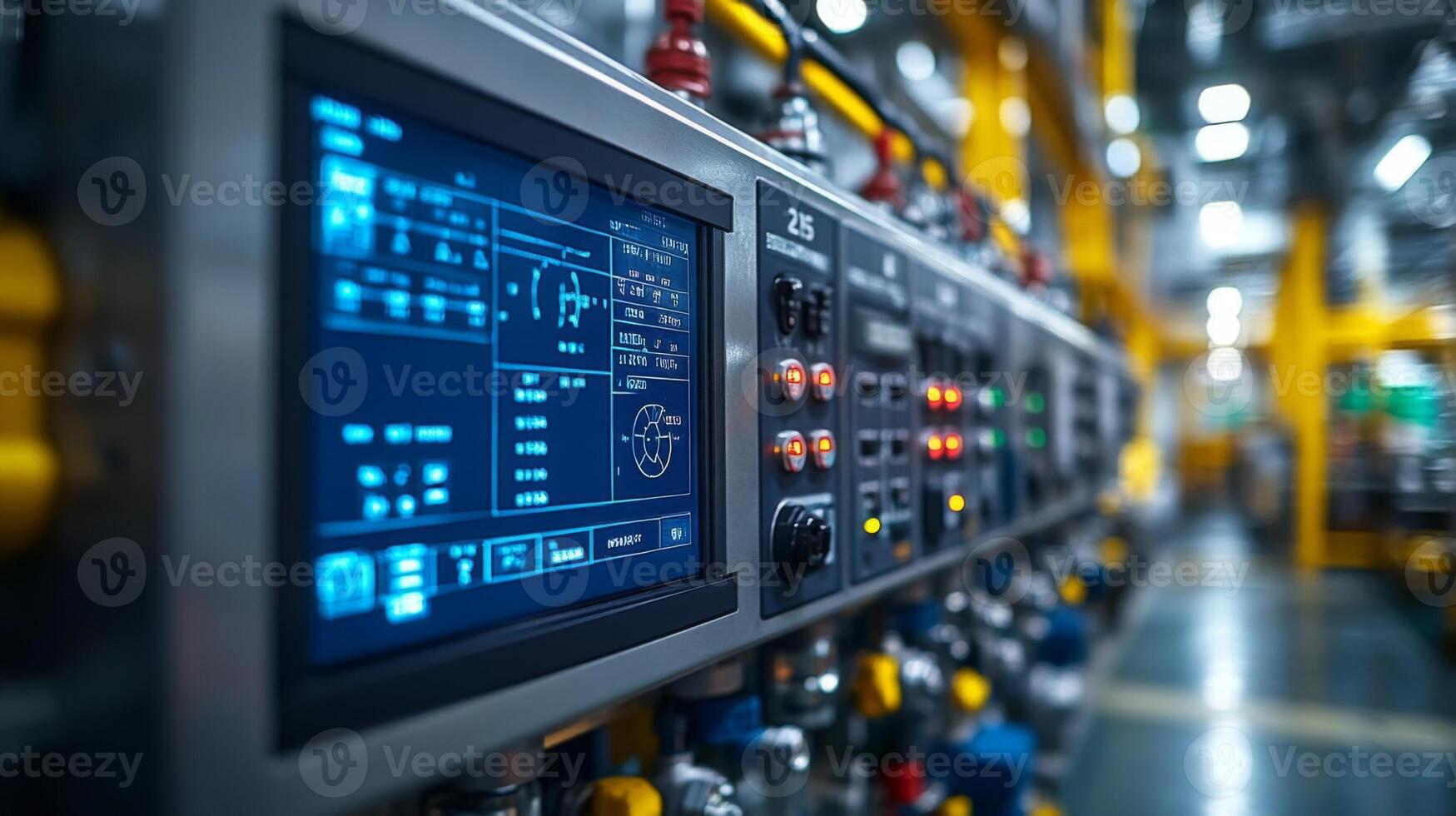 Control panels display data and metrics for monitoring energy generation and mining processes in a sophisticated industrial environment designed for efficiency and productivity. photo