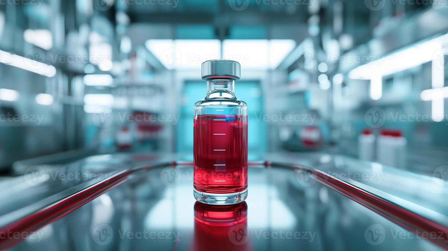 This vial containing bright red synthetic blood stands out on a metal surface in a modern lab. photo