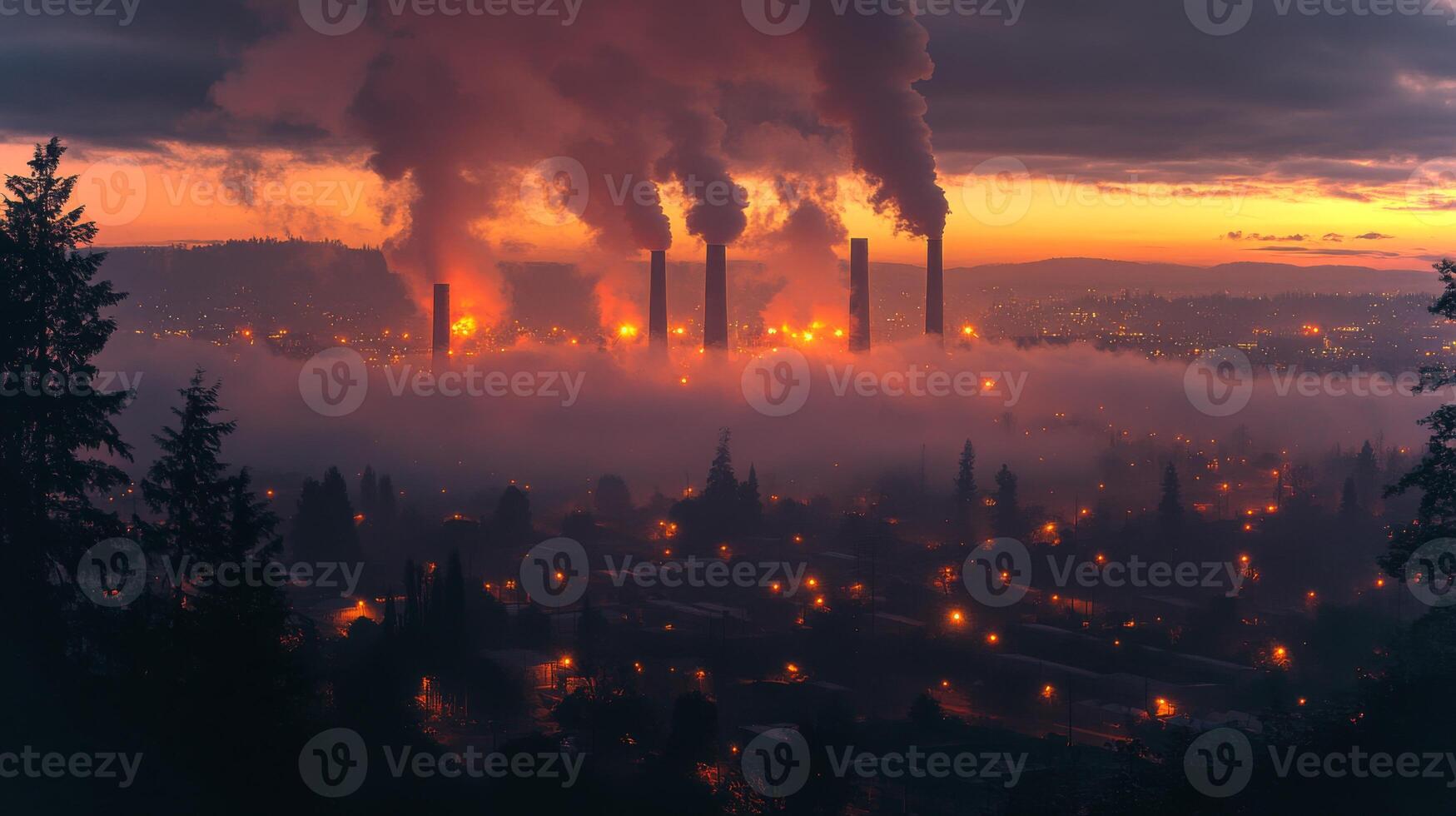 Smoke rises from powerplant stacks as the sun sets, casting a warm glow over the surrounding urban area, revealing a complex interplay of energy production and city life. photo