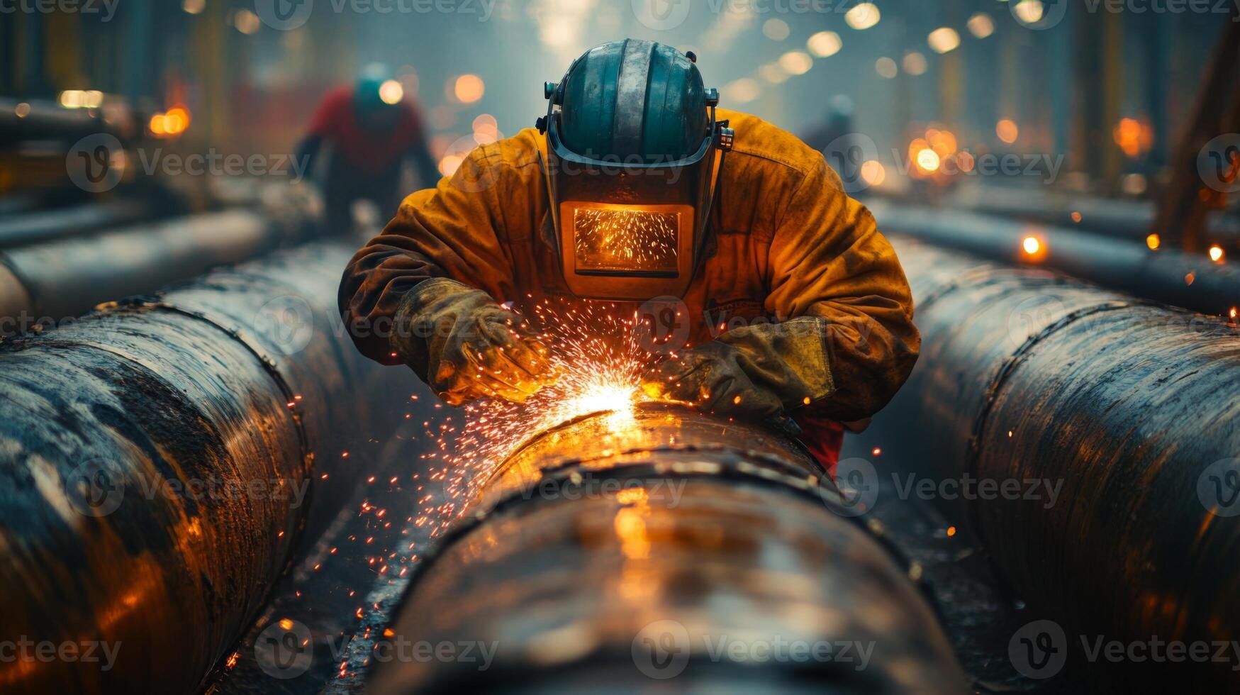 A worker in protective gear welds metal pipes in an industrial setting dedicated to energy generation. Sparks fly as the process intensifies, highlighting the importance of infrastructure. photo