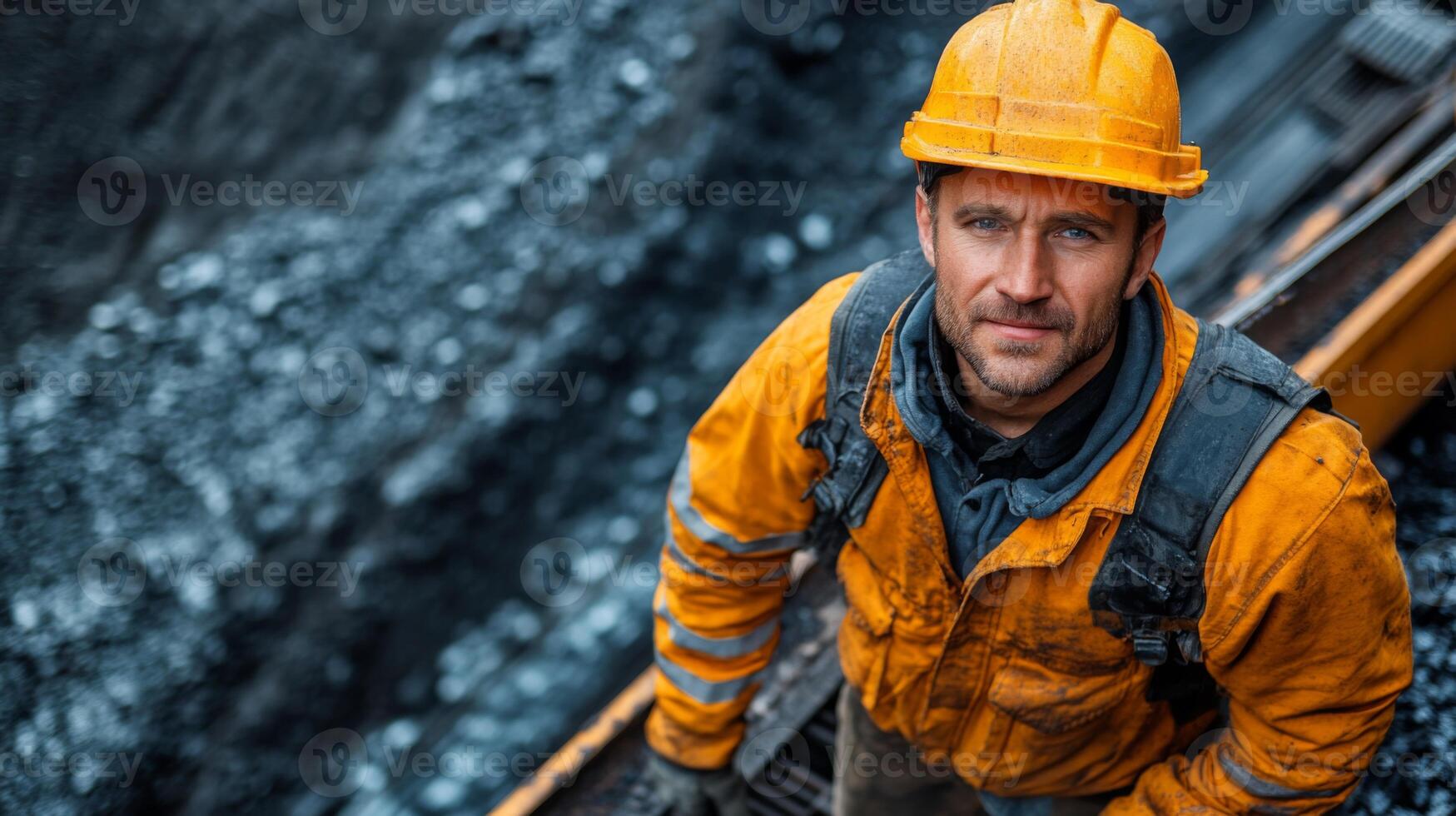 A worker in a bright yellow helmet and jacket oversees excavation activities in a coal mine. The focus is on safety and efficiency as infrastructure is developed for energy production. photo