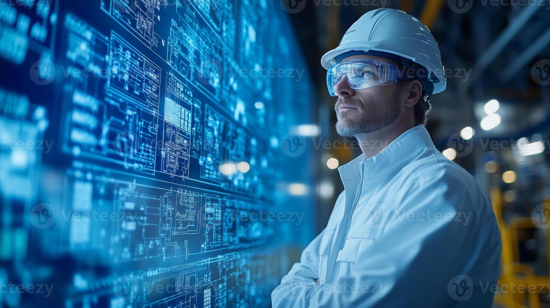 A skilled worker in safety gear analyzes digital blueprints projected on a wall, overseeing the integration of mining operations with energy generation at a facility. photo