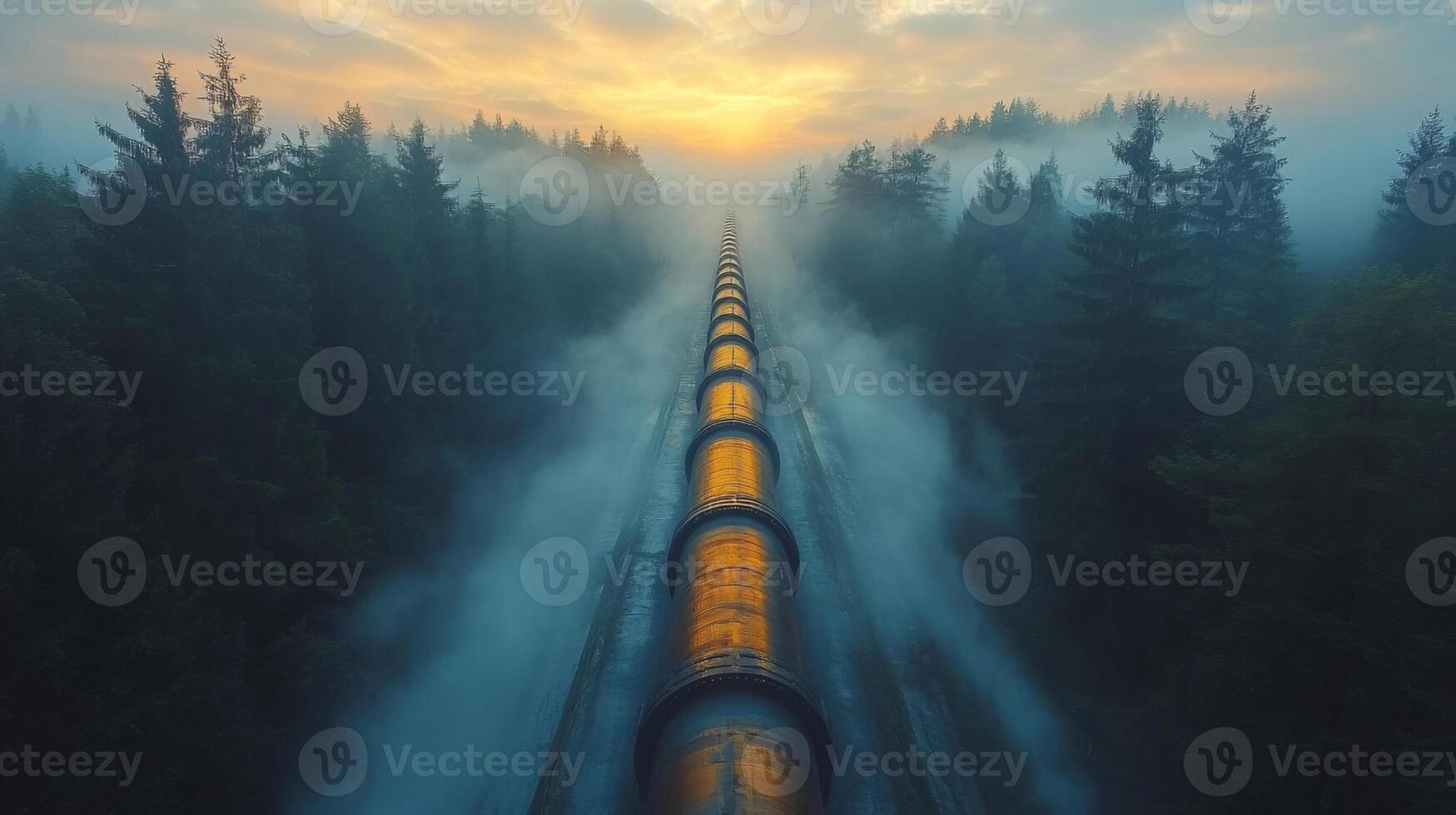 A large pipeline runs through a dense, mist covered forest as the sun rises. This infrastructure is vital for the extraction and transportation of resources for energy generation. photo