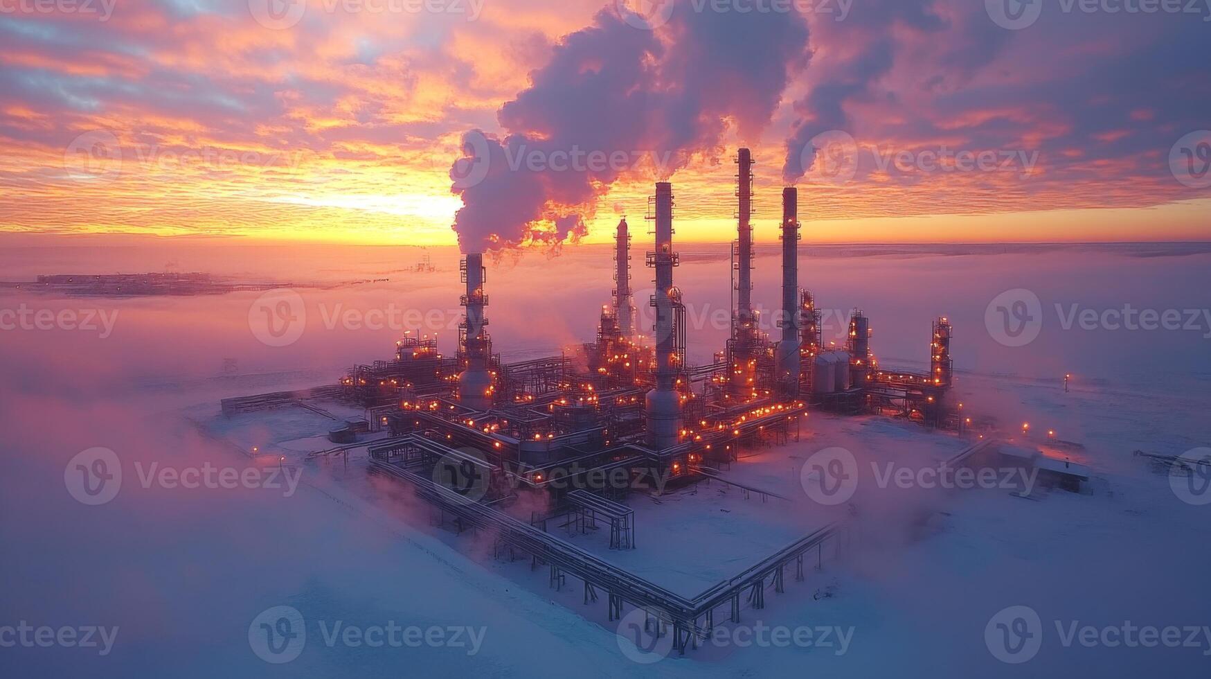 Power generation plant actively produces energy as dusk settles. Smoke billows from tall stacks, illuminating the snowy landscape with warm light. photo
