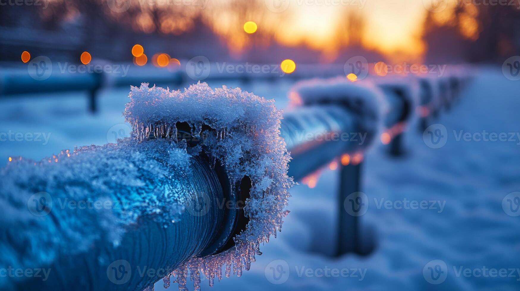 Pipes glisten with frost as the sun sets, illuminating the infrastructure of an energy generation facility. Snow blankets the ground, creating a serene winter atmosphere. photo