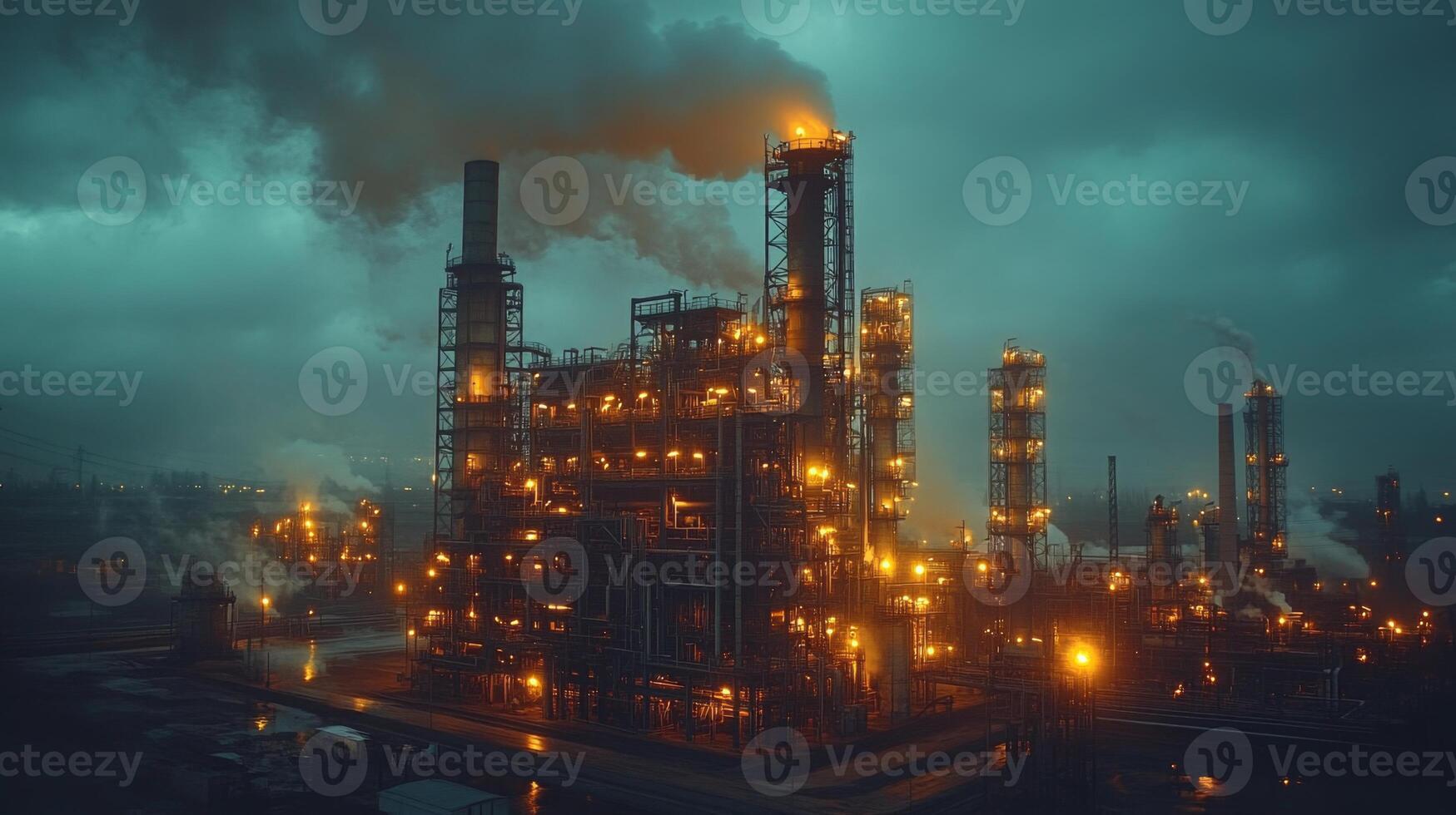 Heavy machinery and towering structures are illuminated as the industrial facility engages in mining and excavation activities, producing energy against a stormy backdrop. photo