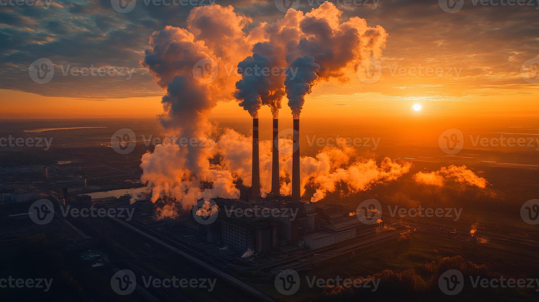 A power plant operates at dusk, releasing smoke from tall stacks against a scenic sunset, showcasing energy production and industrial activity. photo