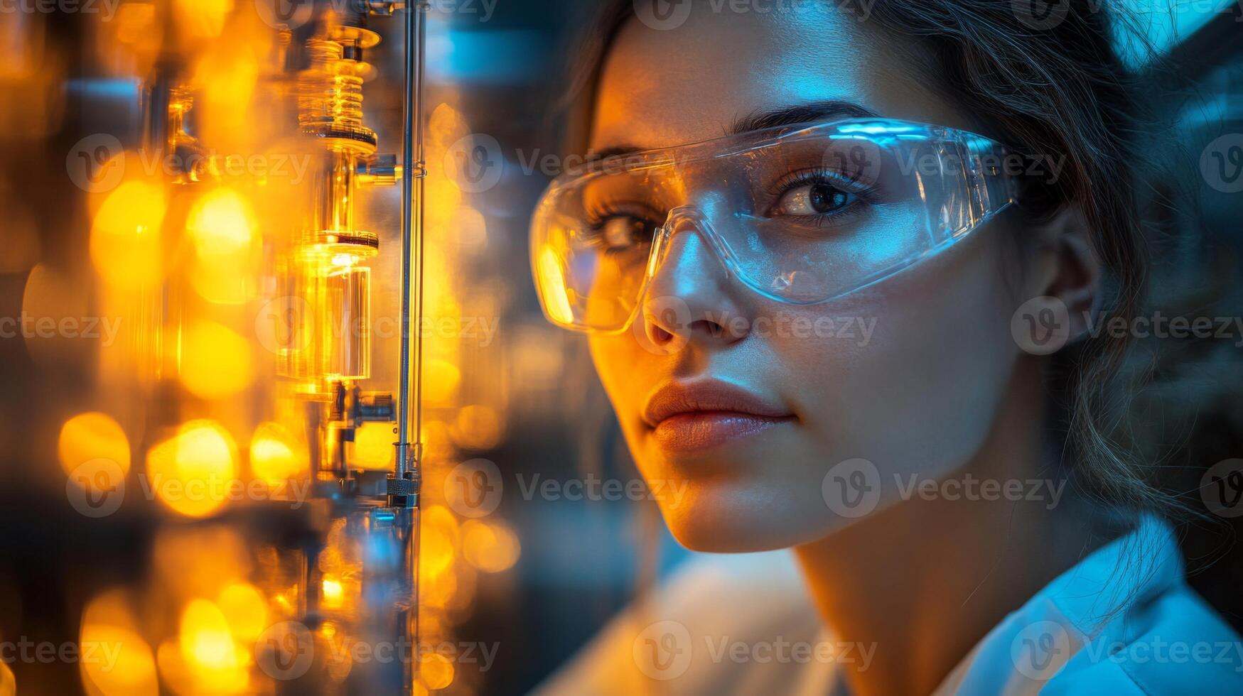 A skilled technician conducts important tasks related to energy generation while surrounded by glowing tools and equipment within a power generation site during twilight. photo