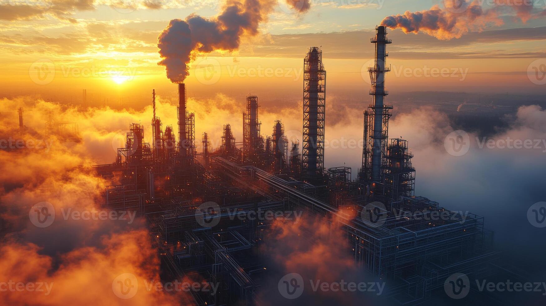 A large energy generation facility operates at twilight, with smoke billowing from stacks. Mining and metallurgy activities can be seen as the sun sets, casting warm light over the infrastructure. photo