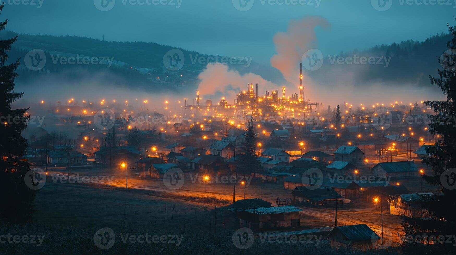 A mining facility operates during a foggy evening, emitting steam and light while powering the surrounding area with illuminated buildings and infrastructure. photo