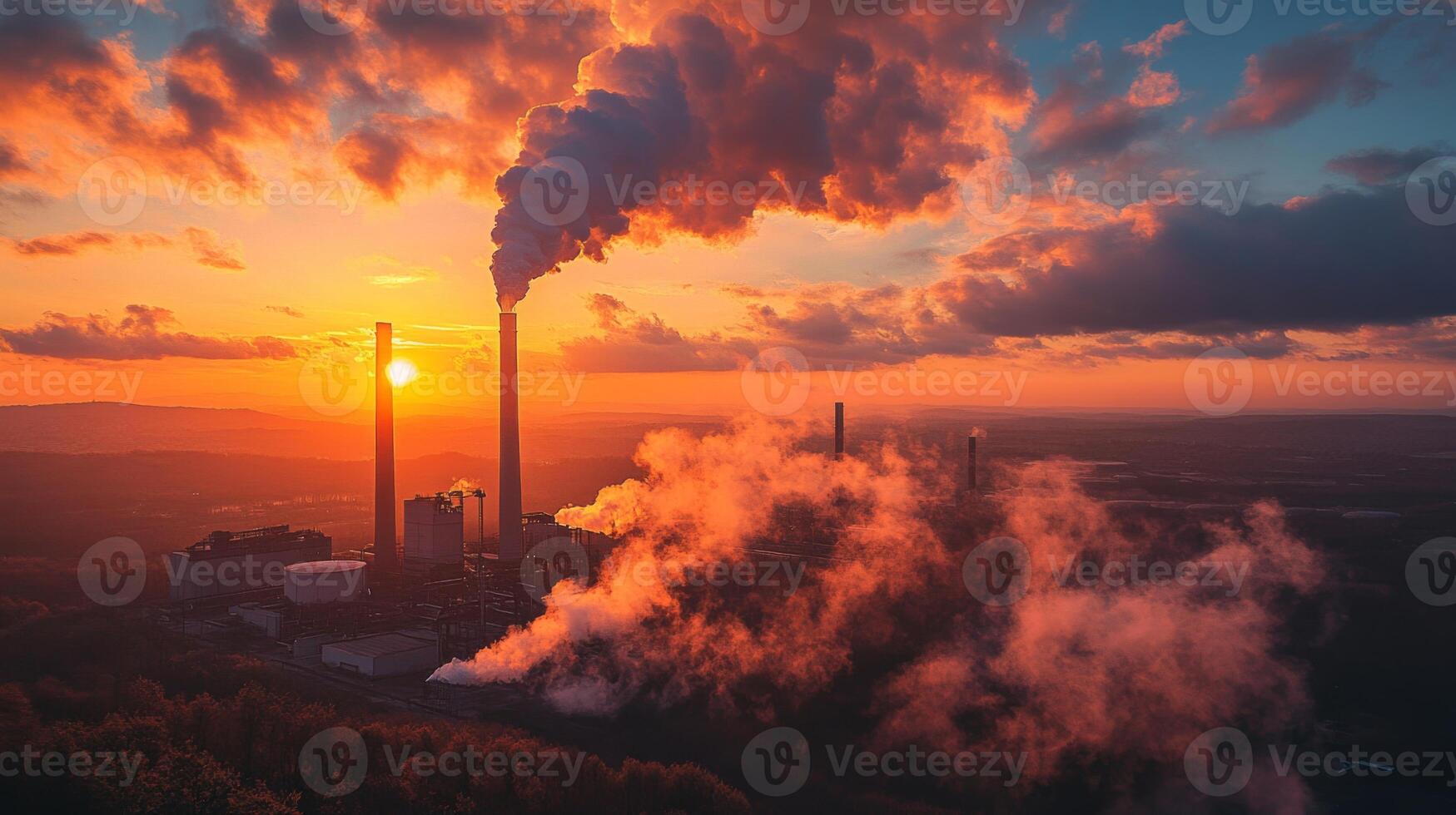 A vibrant sunset casts an orange glow over a powerplant, with billowing smoke rising from smokestacks. The scene captures the energy production process and its effects on the atmosphere. photo