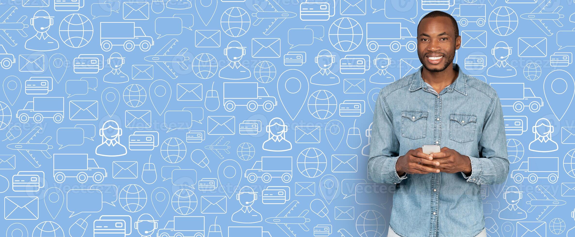 A buyer stands smiling while using a smartphone in a modern setting. The background features various icons representing online shopping, delivery, and communication. photo