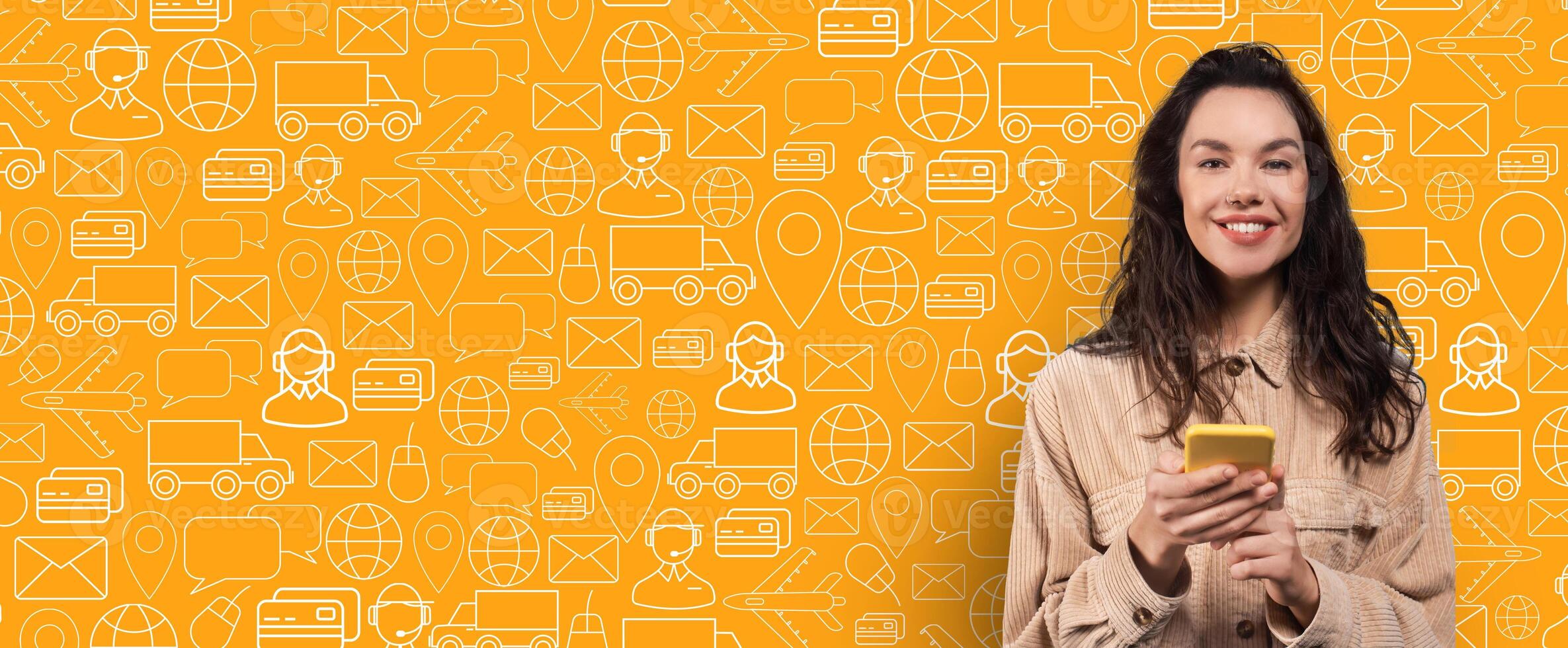 A buyer is smiling while holding a smartphone, actively using an online shopping app. The bright background features various delivery and commerce-related graphics. photo