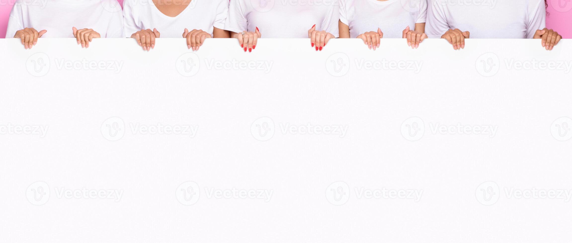 Unrecognizable Ladies Holding Blank White Poster Board Advertising Something Over Pink Studio Background. Advertisement Banner With Empty Space For Your Text. Panorama, Cropped, Mockup photo