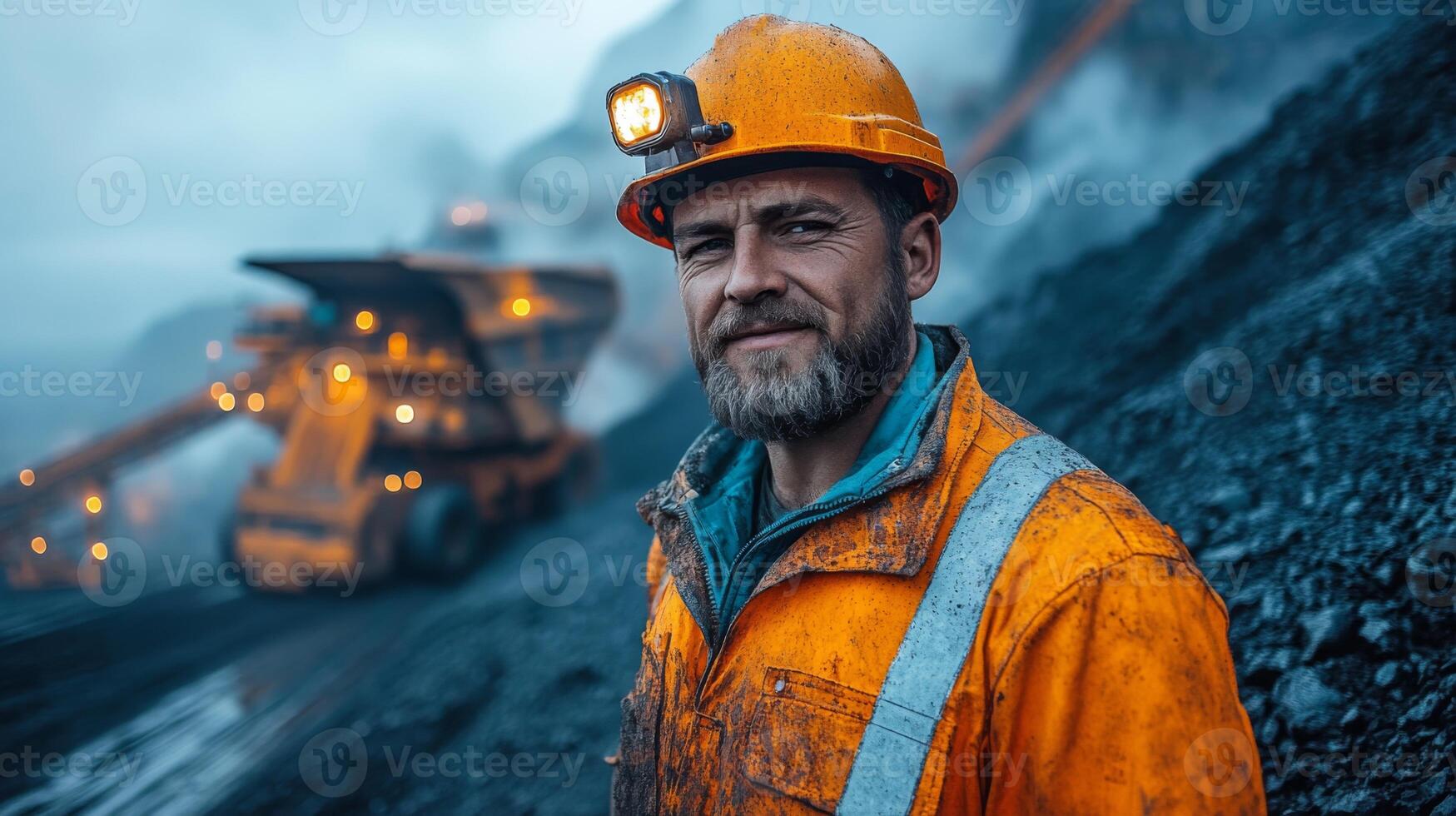 A miner wearing an orange safety suit and helmet stands confidently at a coal mining location. Heavy excavation equipment is working in the backdrop, highlighting energy extraction efforts. photo
