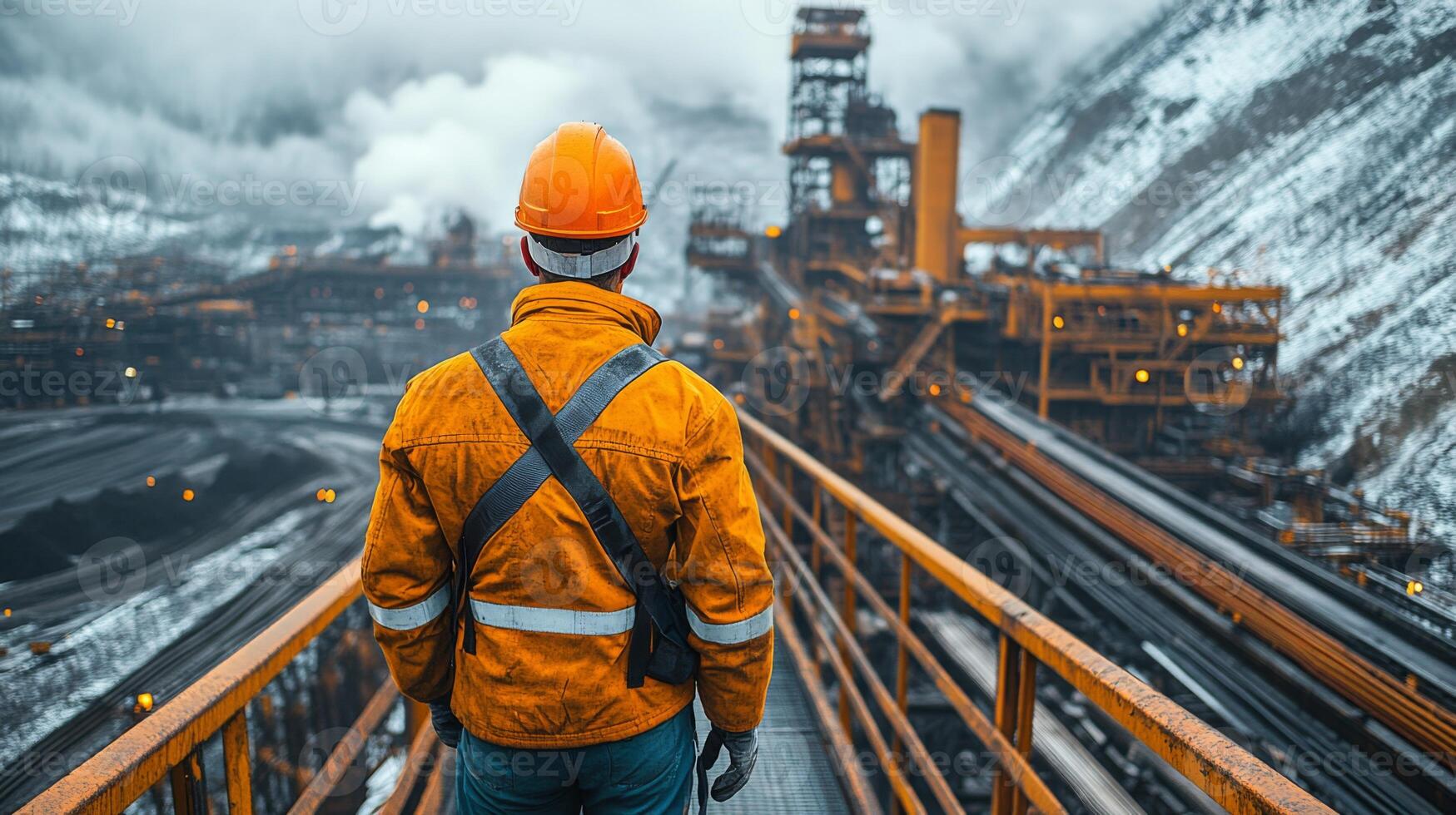 Worker in safety gear observes vast mining and excavation activity at a power plant, surrounded by heavy machinery and industrial structures amid an overcast sky. photo