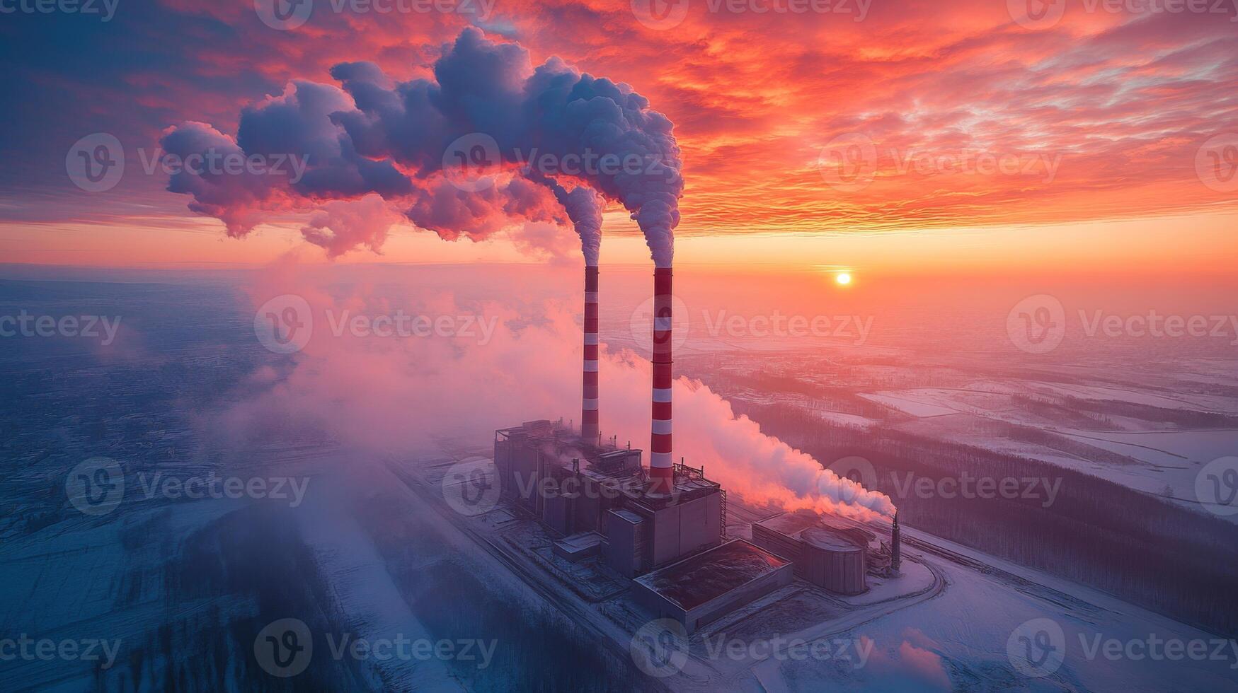 A coal power plant stands surrounded by snow as smoke billows from its tall cooling towers during a vibrant sunset. The scene highlights energy production and industrial infrastructure. photo