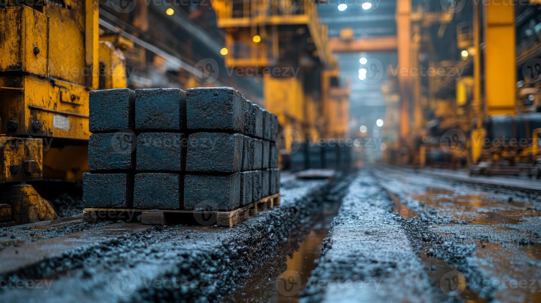 Inside a large industrial site, heavy machinery looms with stacked blocks of material on pallets. The environment is focused on extraction processes for energy and infrastructure development. photo