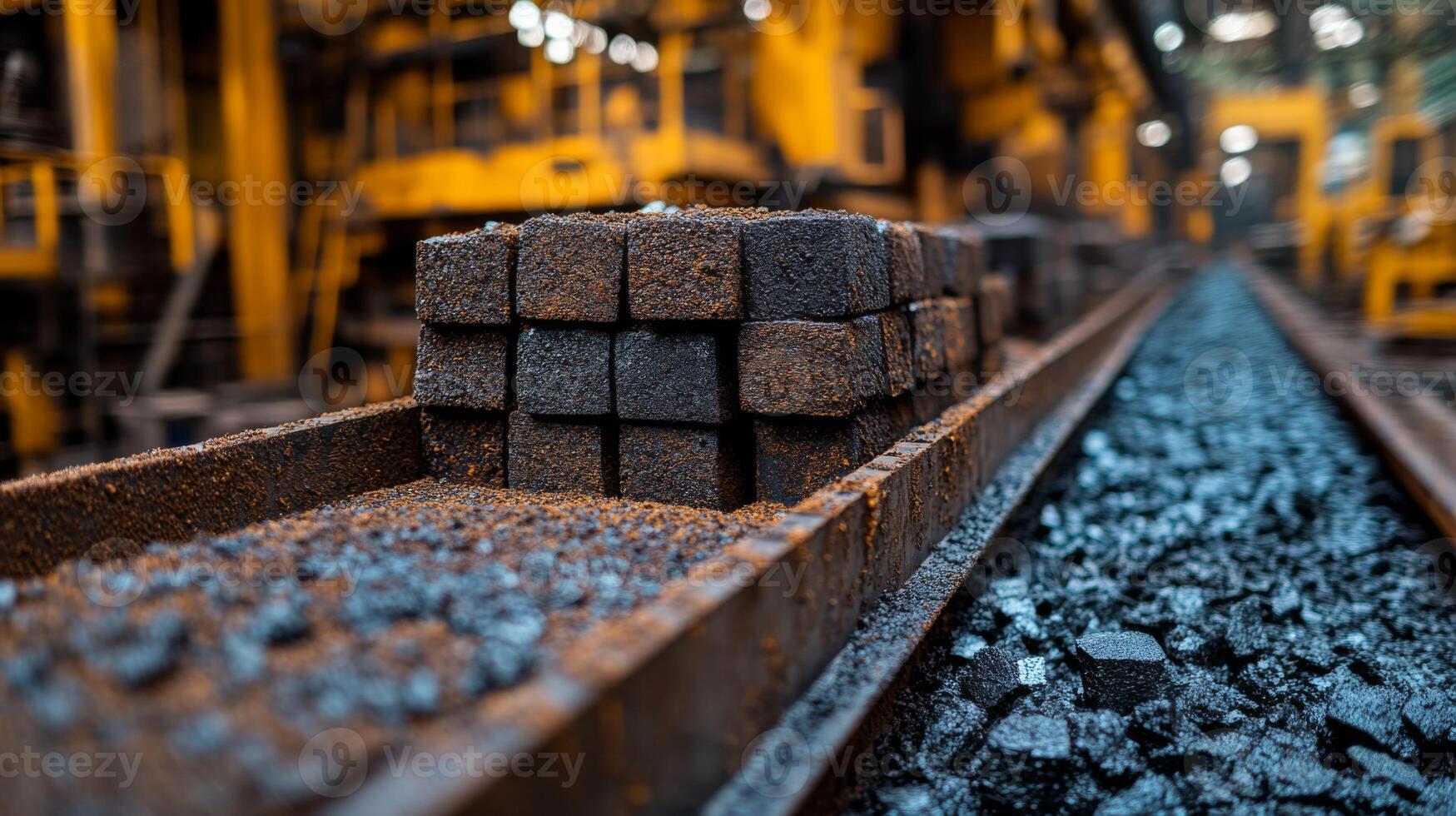 Stacks of heavy materials lie on metal tracks, highlighting the intricacies of mining operations in energy generation and infrastructure development at a powerplant site. photo