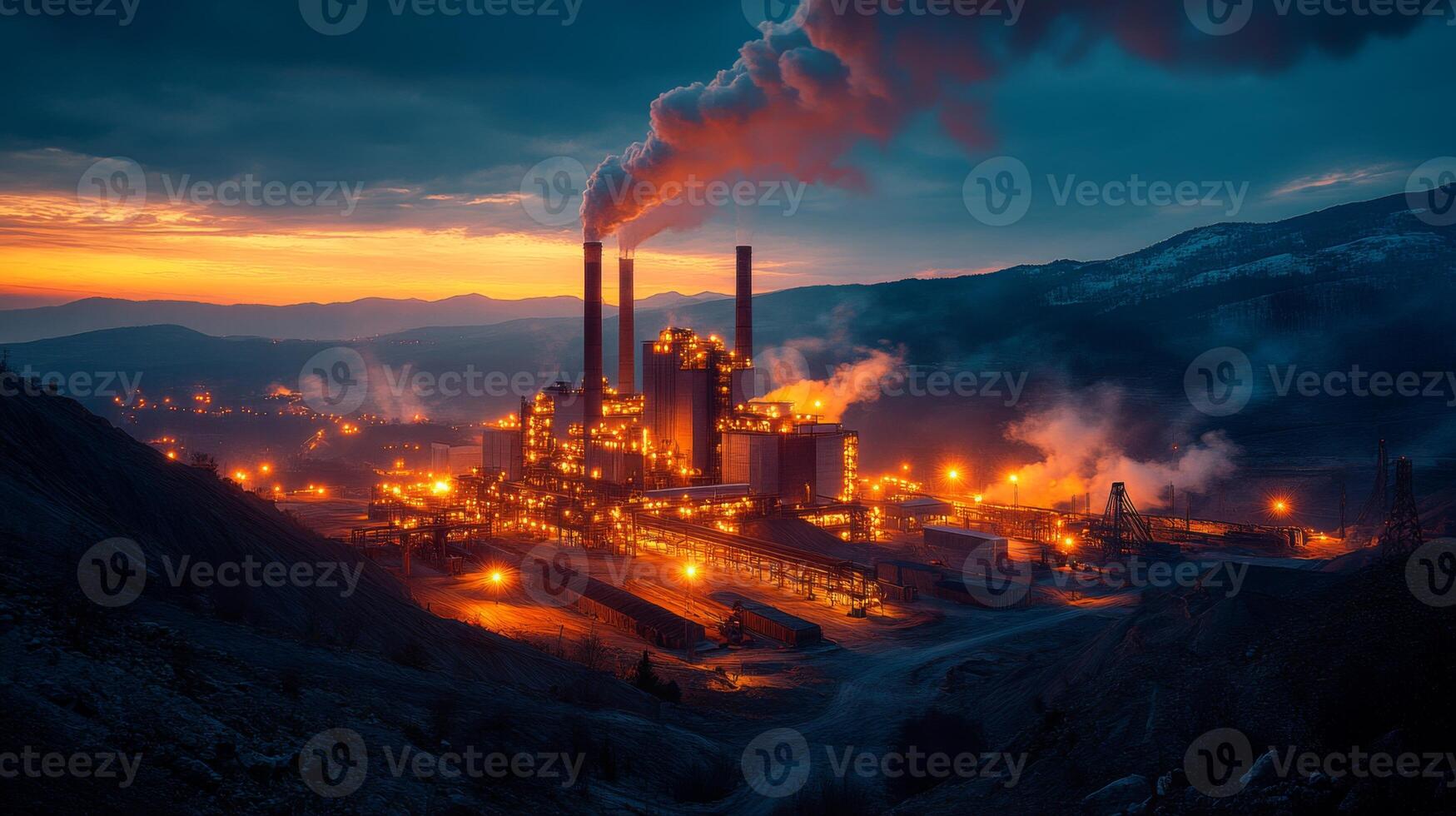A power generation facility is active at dusk, showcasing smokestacks with emissions, glowing structures, and a backdrop of rolling mountains. photo