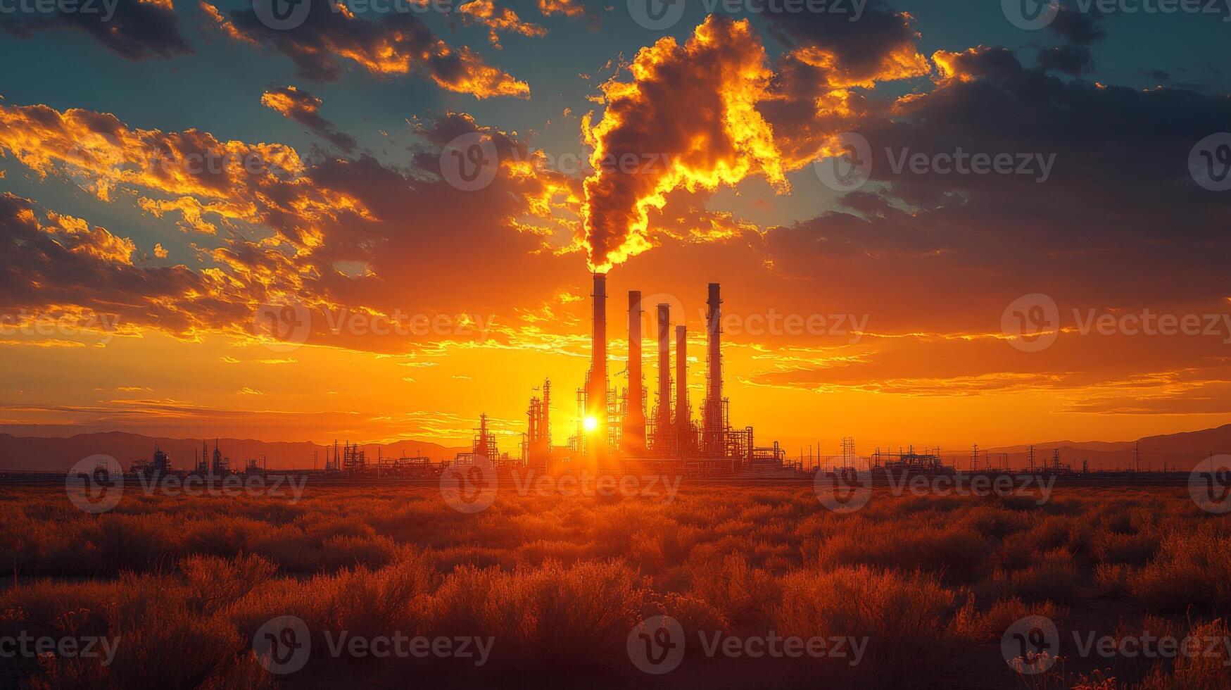 Power generation occurs at a coal power plant as smoke rises from chimneys against a dramatic sunset, reflecting infrastructure crucial for energy production. photo