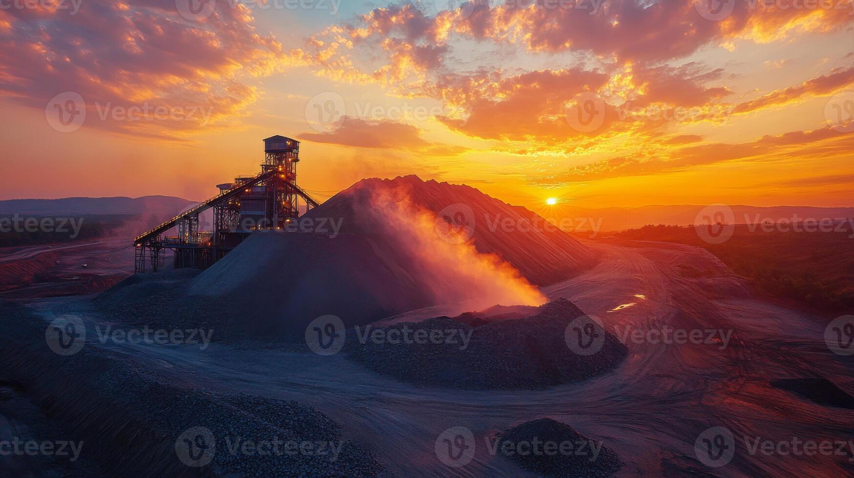 Heavy machinery operates at a mining site during sunset, extracting materials and shaping the landscape. Dust and steam rise as day transitions into night, showcasing industrial activity. photo