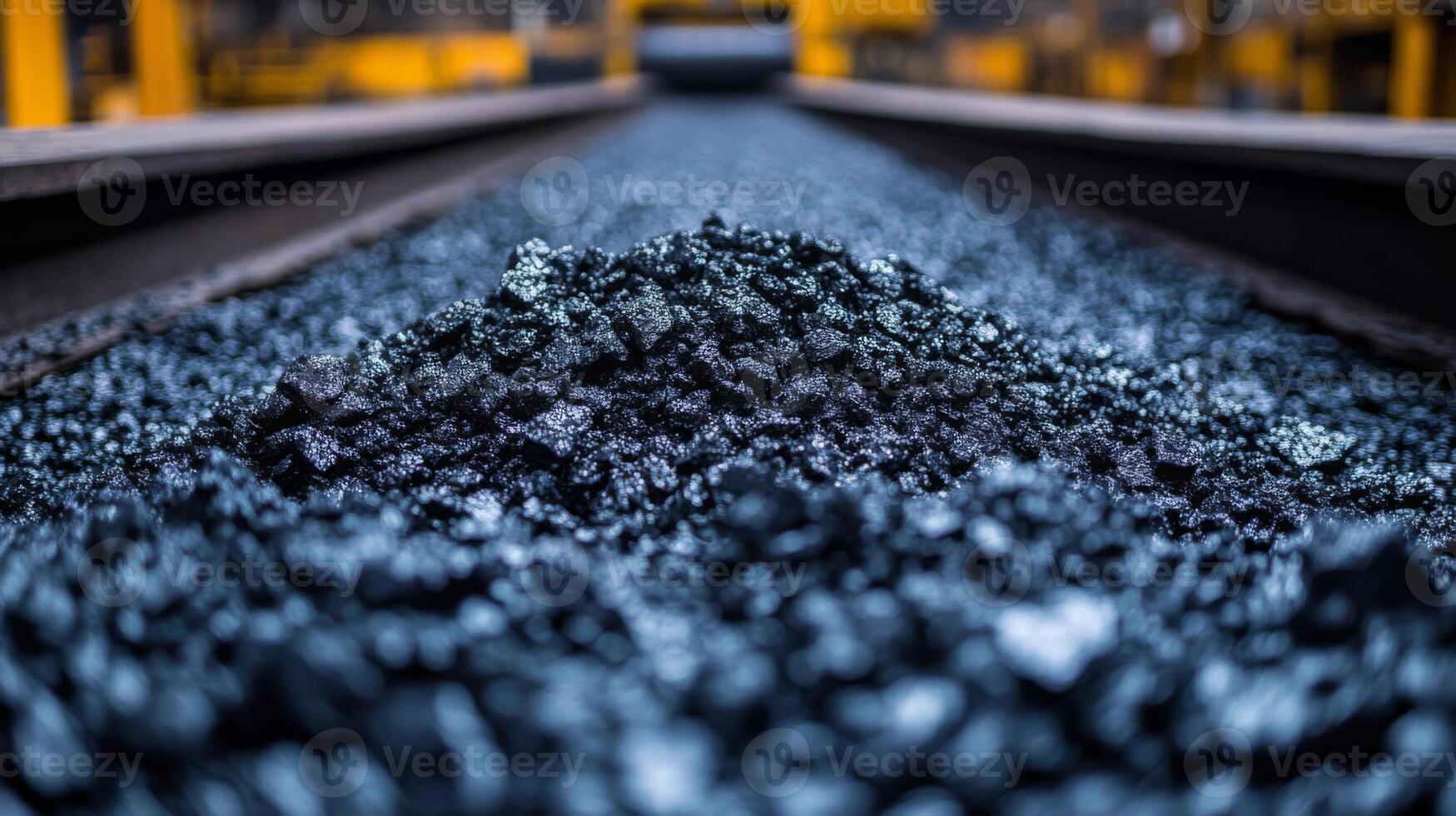 A large pile of coal sits alongside railway tracks in a mining facility, ready for transportation to support energy generation and related infrastructure. The environment is industrial and active. photo
