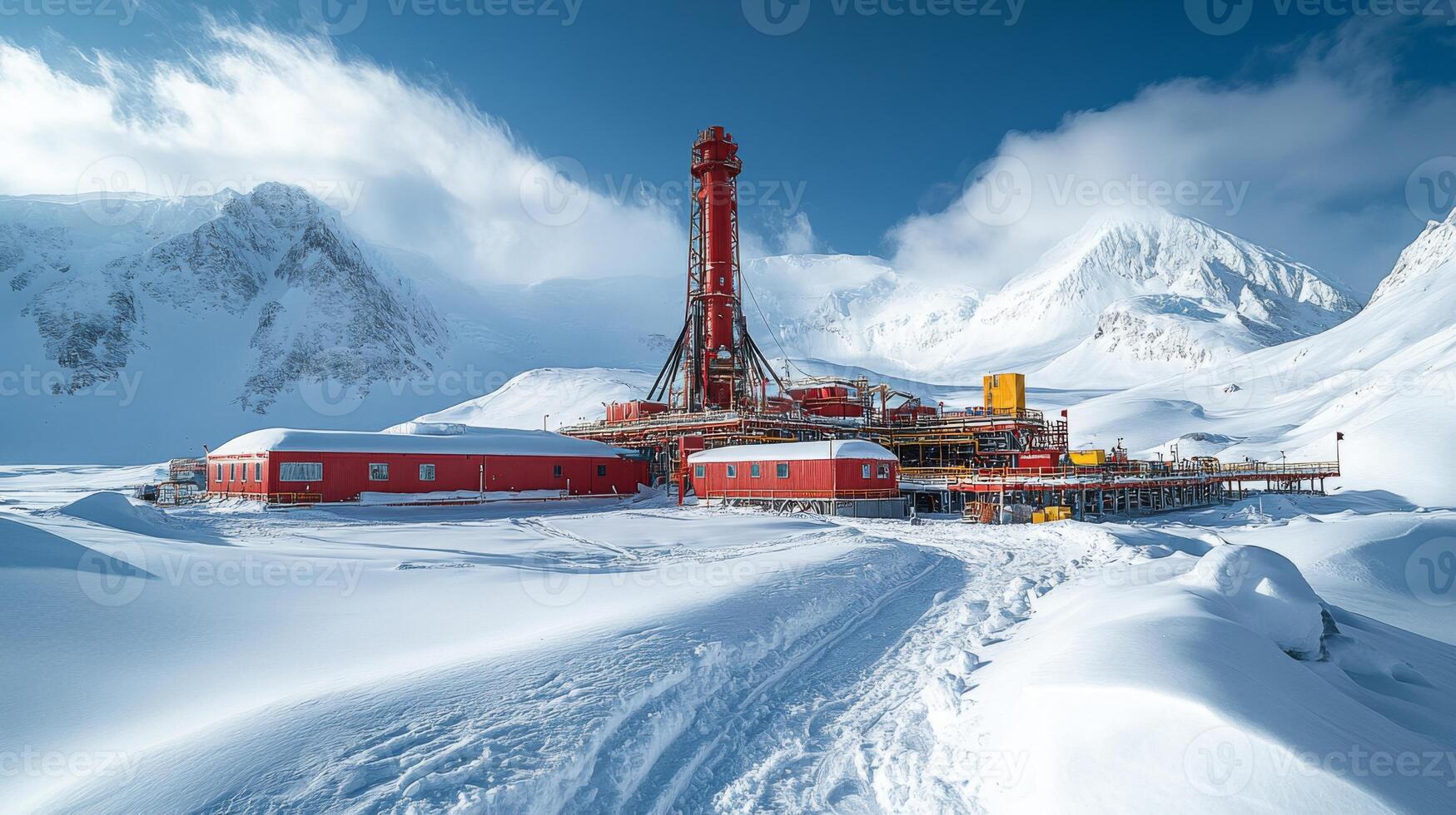 A remote mining site surrounded by snow capped mountains features extraction equipment and power generation structures under a clear blue sky. photo