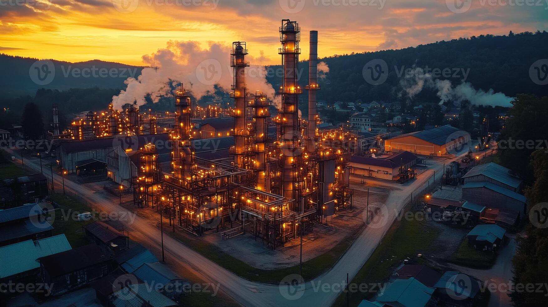A busy energy generation facility features towering structures illuminated against the dusk sky. Steam rises from various units, showcasing the intricate systems of power production. photo