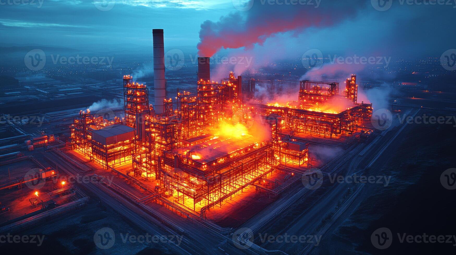 Melting metal and intense flames illuminate a complex facility involved in energy generation and metallurgical processes under a dark sky, showcasing the scale of industrial power operations. photo