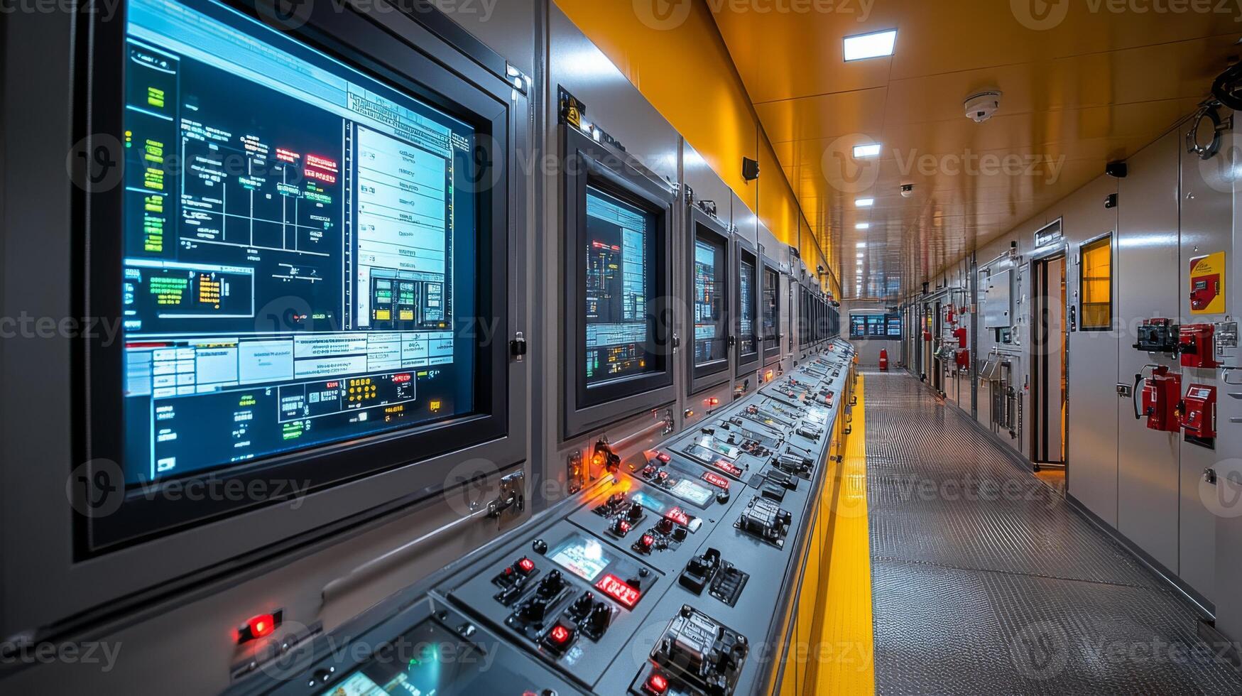 Monitors display data and control systems in a power plant control room, highlighting activities related to energy generation and grid management during operational hours. photo
