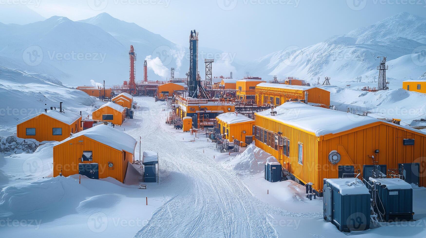 Heavy duty machinery stands in a snowy area, encircled by bright yellow buildings for mining, excavation, and energy, showcasing active industrial operations. photo