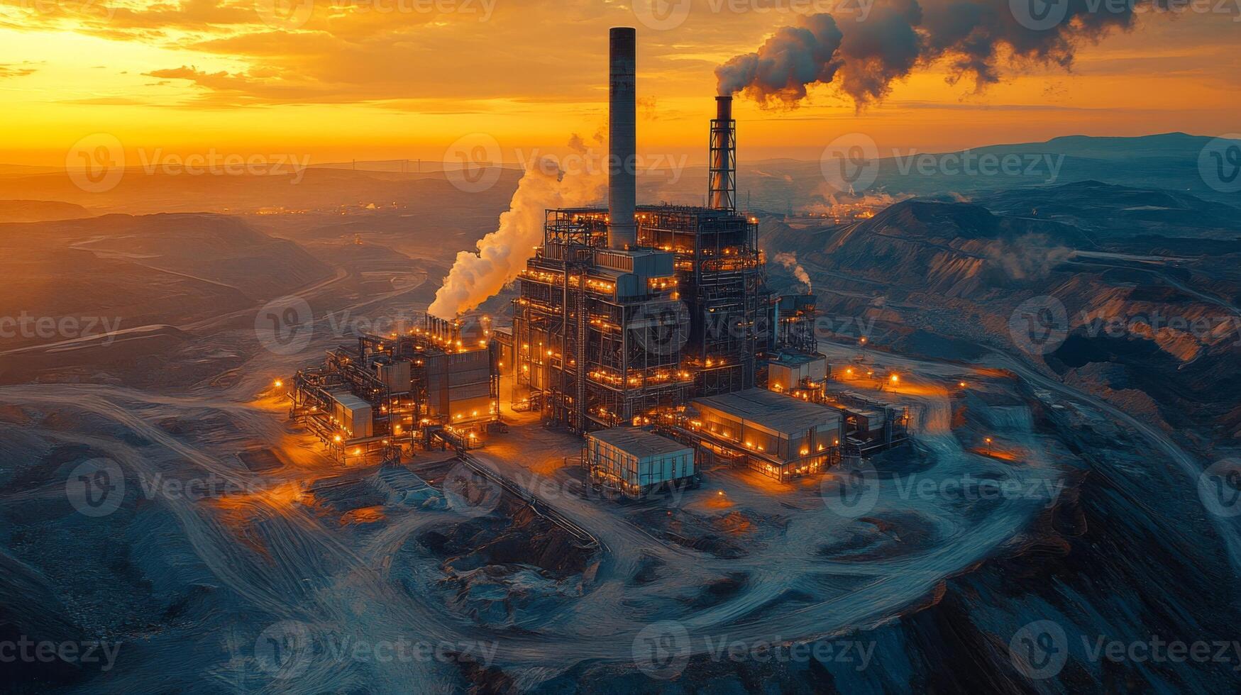 A vibrant sunset illuminates a powerplant surrounded by mining activities. Smoke rises from chimneys as energy generation continues, showcasing infrastructure development and excavation efforts. photo