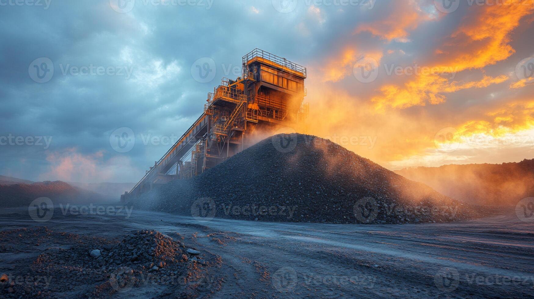 Heavy machinery works at a mining site as vibrant clouds and a sunset illuminate the landscape, showcasing the extraction of resources for energy production. photo
