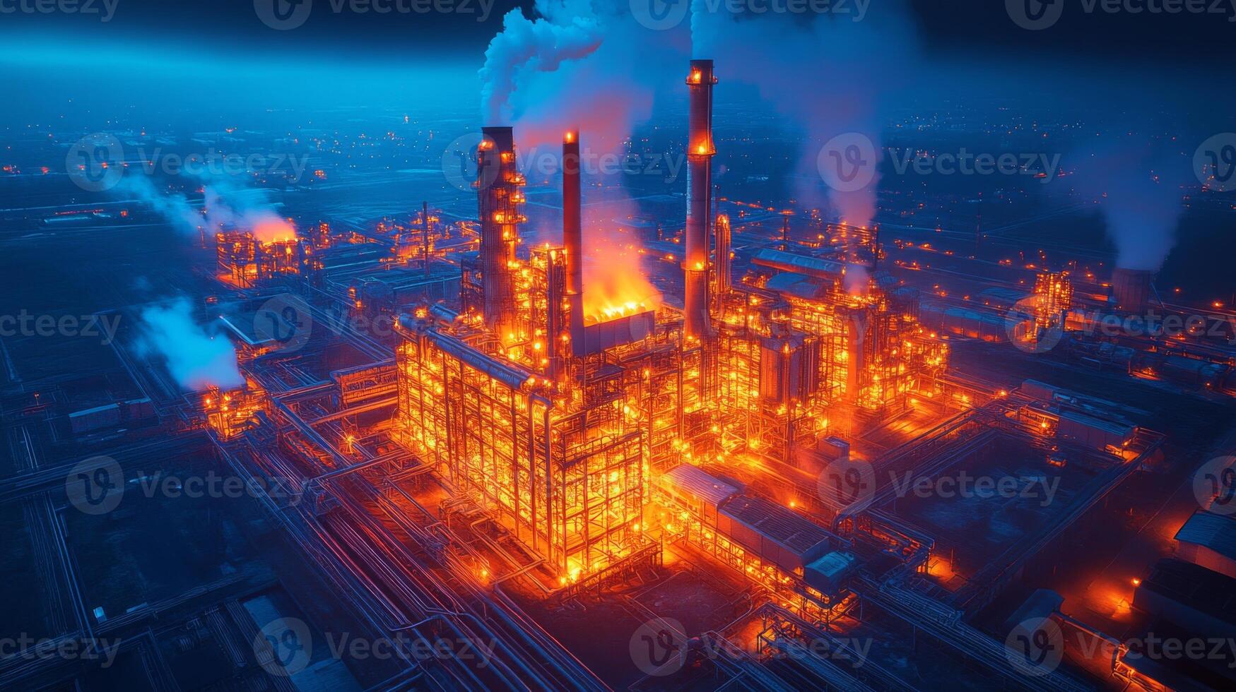 Bright flames illuminate the powerplant at night, highlighting mining, excavation, and metallurgy activities. Smoke rises, revealing infrastructure contributing to energy generation. photo