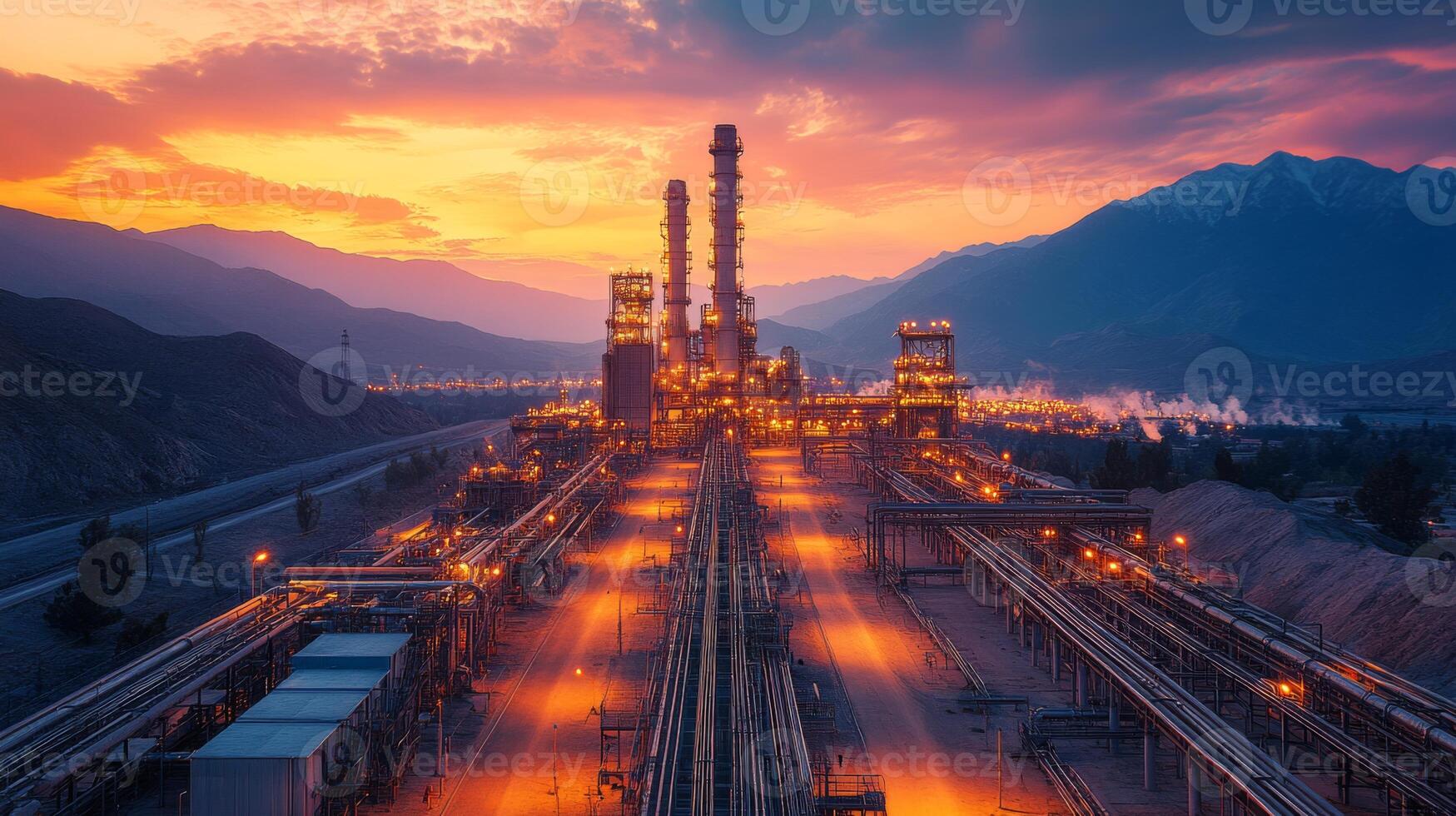 A vibrant sunset illuminates a large powerplant surrounded by extensive pipelines in a mountainous area, showcasing the activities of energy generation and mining infrastructure. photo