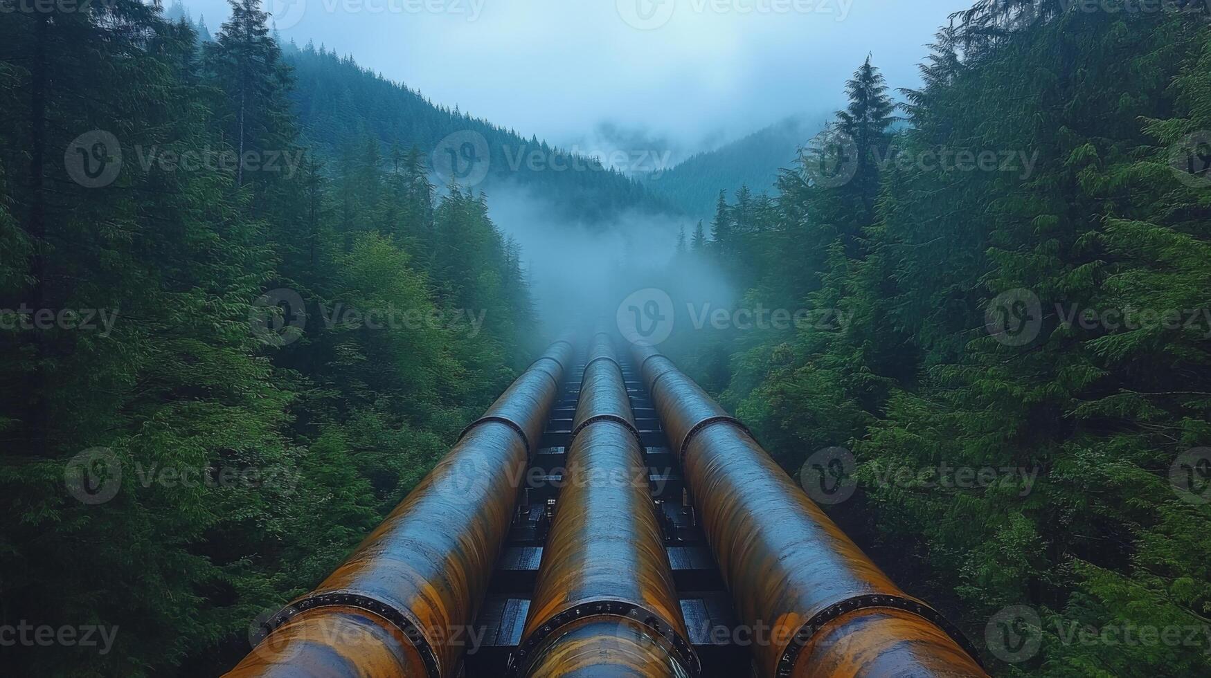 Pipelines stretch through a lush forest, transporting energy in an atmospheric setting where mist envelops the mountains, highlighting the connection between nature and infrastructure. photo