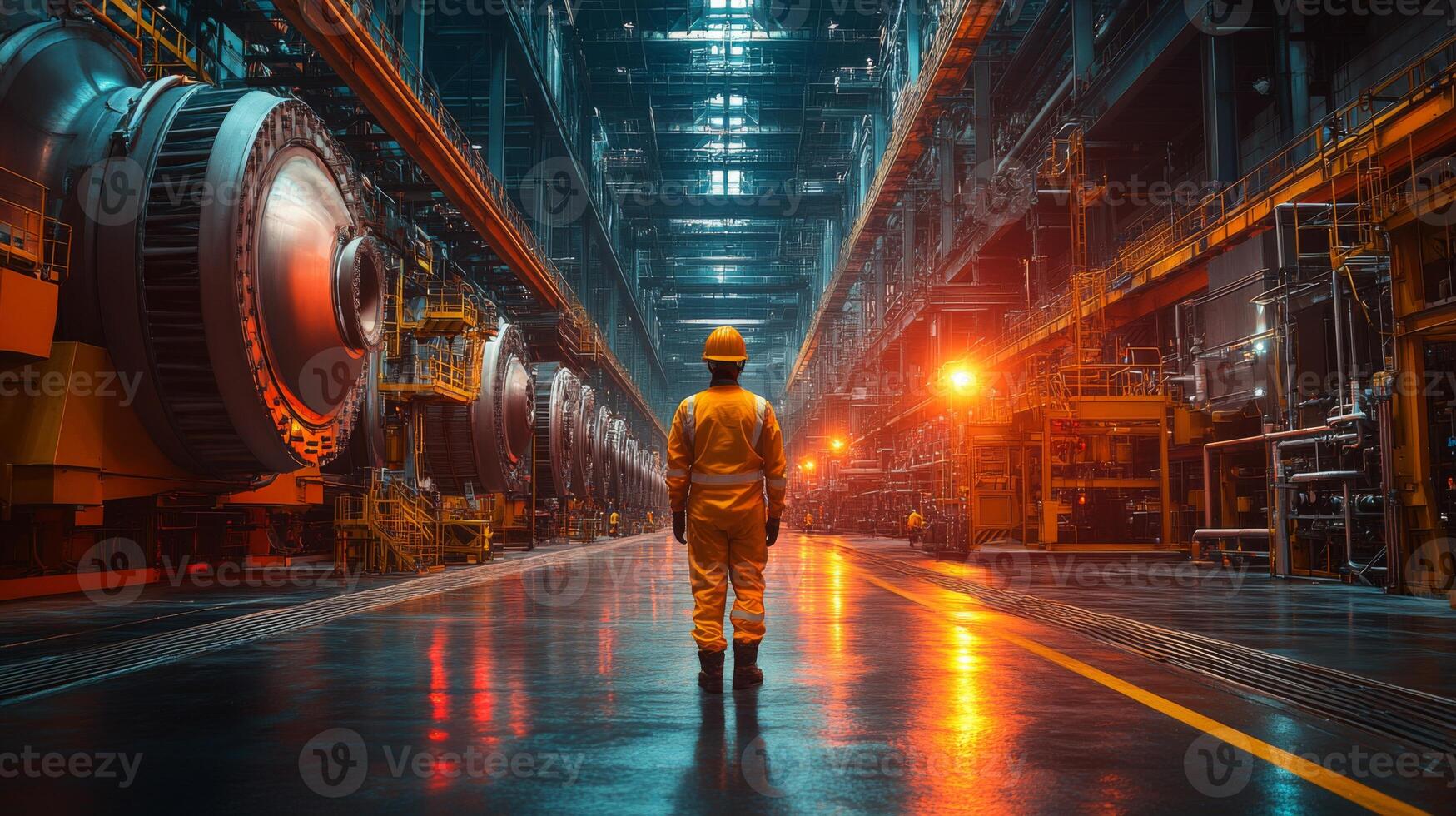 A worker stands in a large power plant filled with industrial machinery, focusing on energy generation and extraction processes. photo