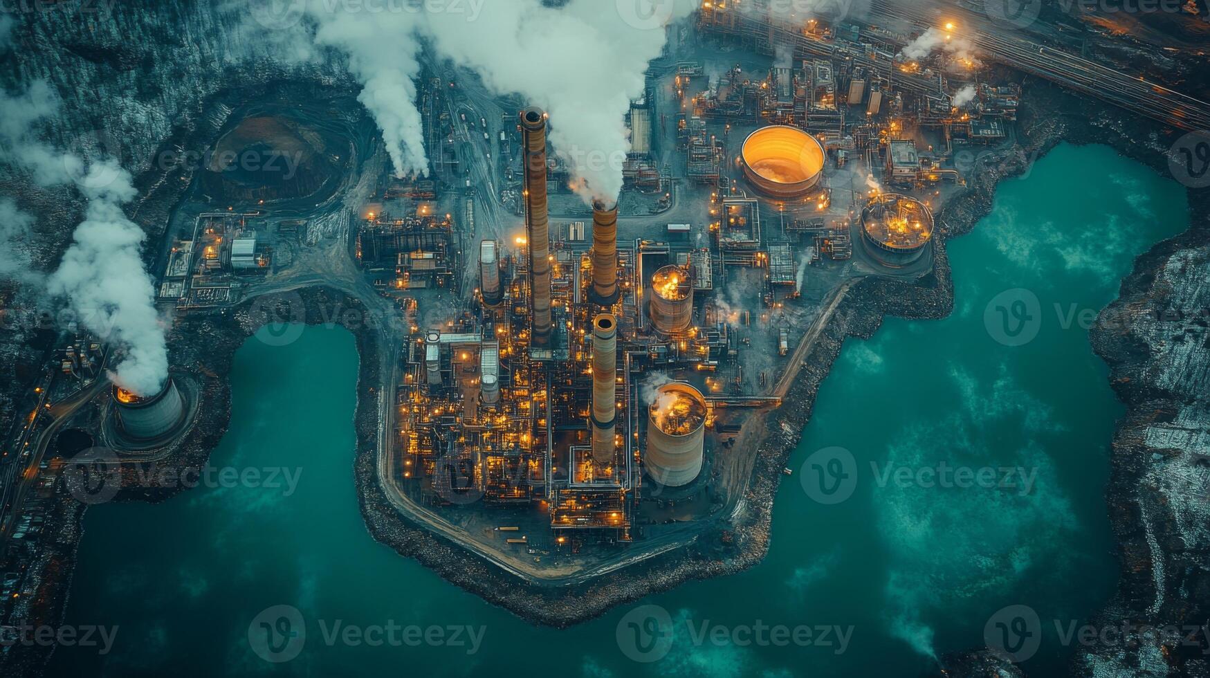 An extensive energy generation and extraction facility located near a water body features towering chimneys emitting smoke. photo