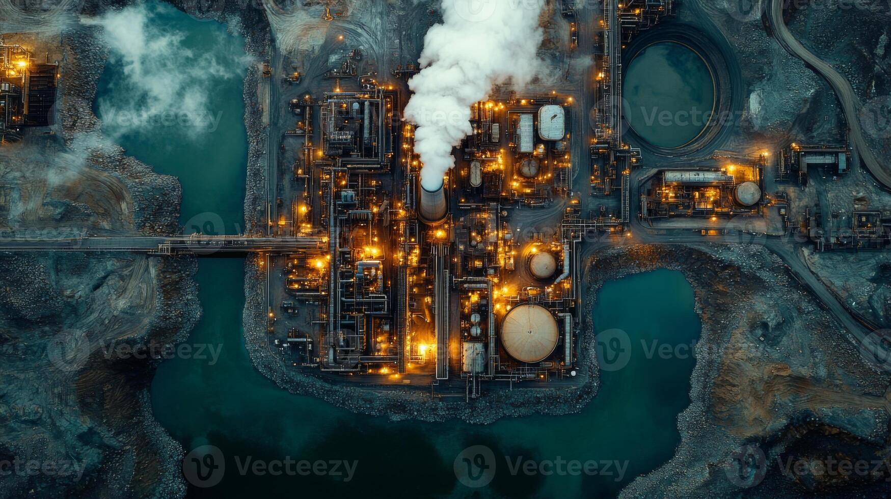 Aerial perspective of an energy generation site with intricate infrastructure featuring steam emissions, mining equipment, and surrounding water bodies during dusk light conditions. photo
