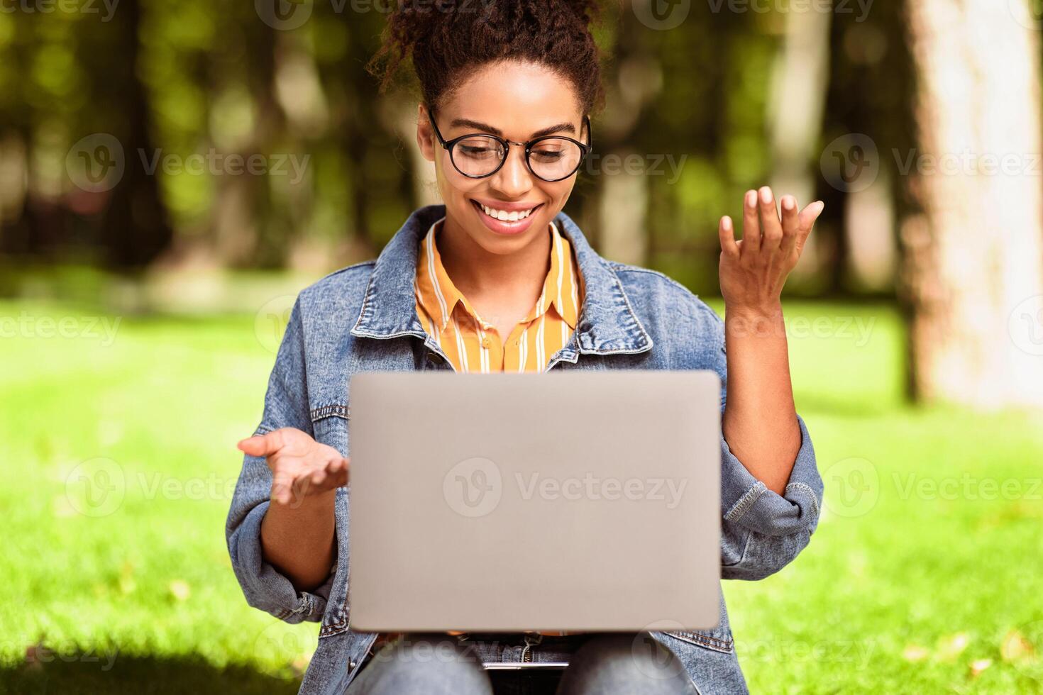 African American Student Woman Using Laptop Making Call Learning Online Sitting In Green Park Outdoors. Internet Education, E-Learning And Remote Lecture Concept. Selective Focus photo