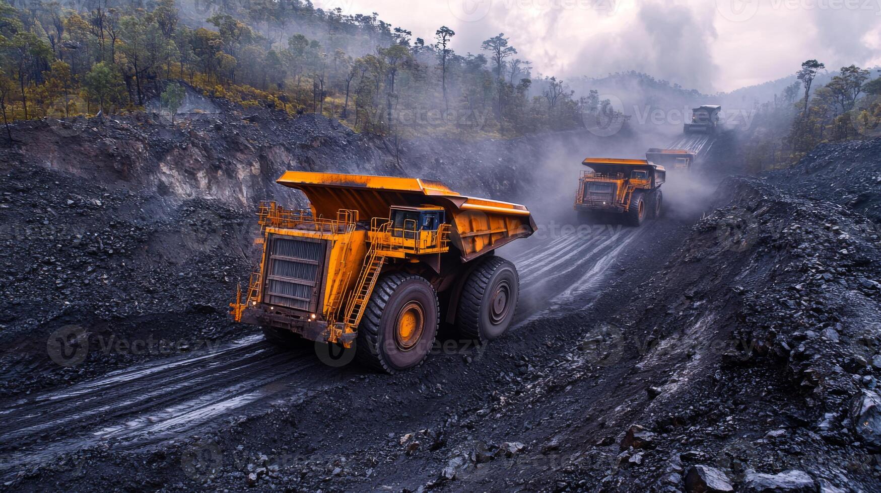 Two large mining trucks navigate a dusty path in an open pit coal mine while extracting valuable resources for energy generation in a rugged, mountainous landscape. photo