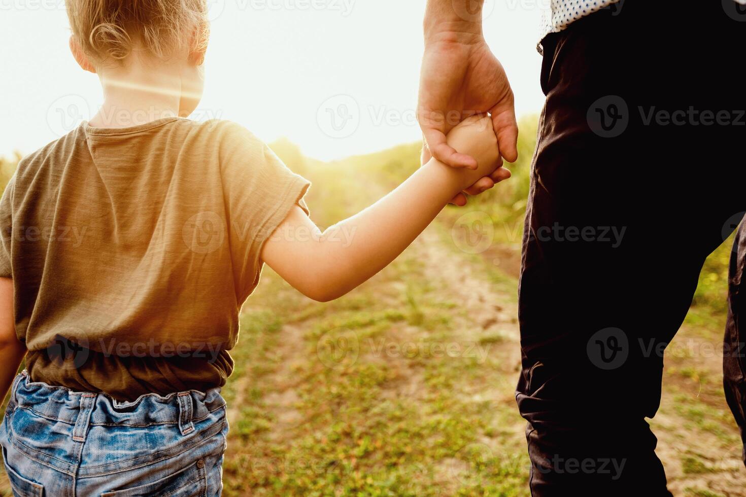 Father's Love Concept. Back view of a parent holding hand of a small child, walking in sunset photo