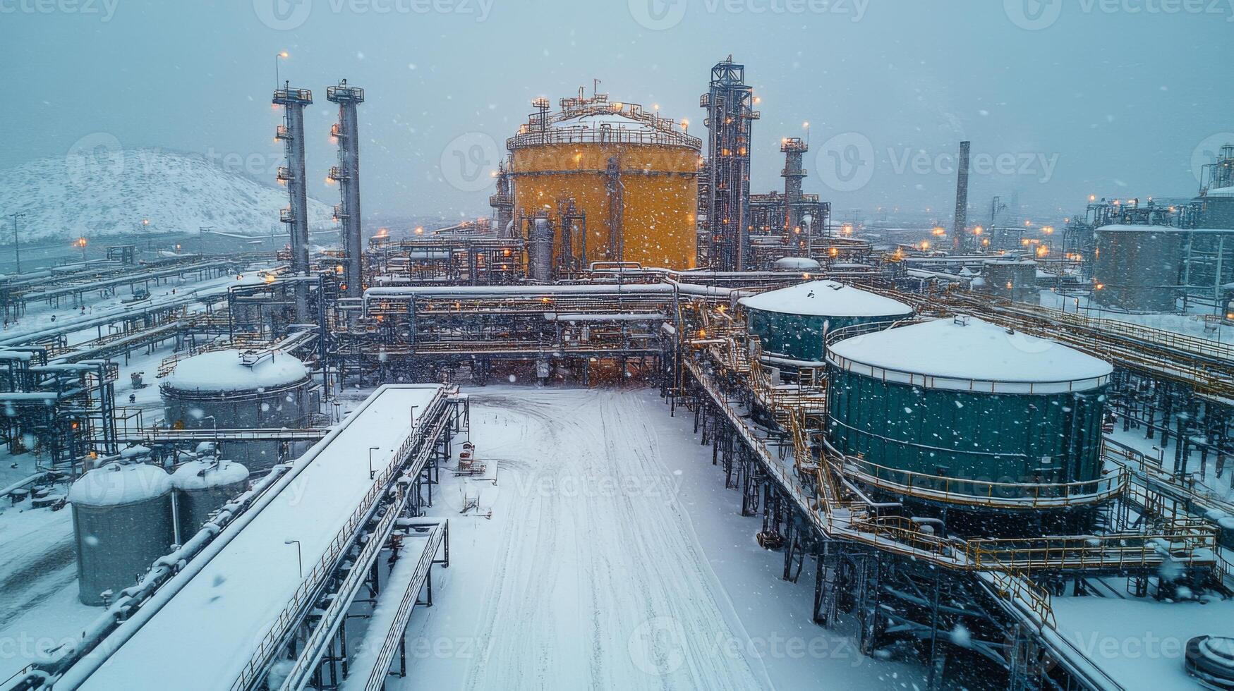 Heavy snowfall covers a mining and power generation facility. Workers are busy with excavation and metallurgy while equipment operates amidst a winter landscape. photo