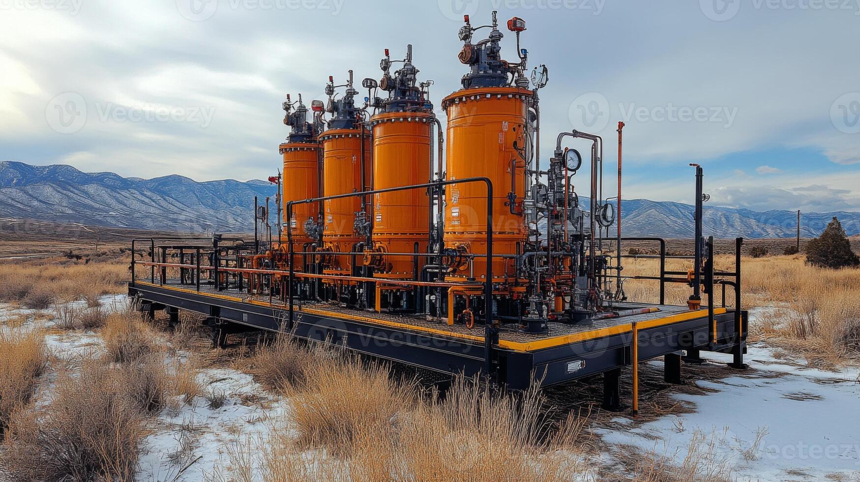 A set of large orange extraction tanks stands on a platform in a desolate landscape, amidst dry grasses and snow, with mountains in the background under partly cloudy skies. photo