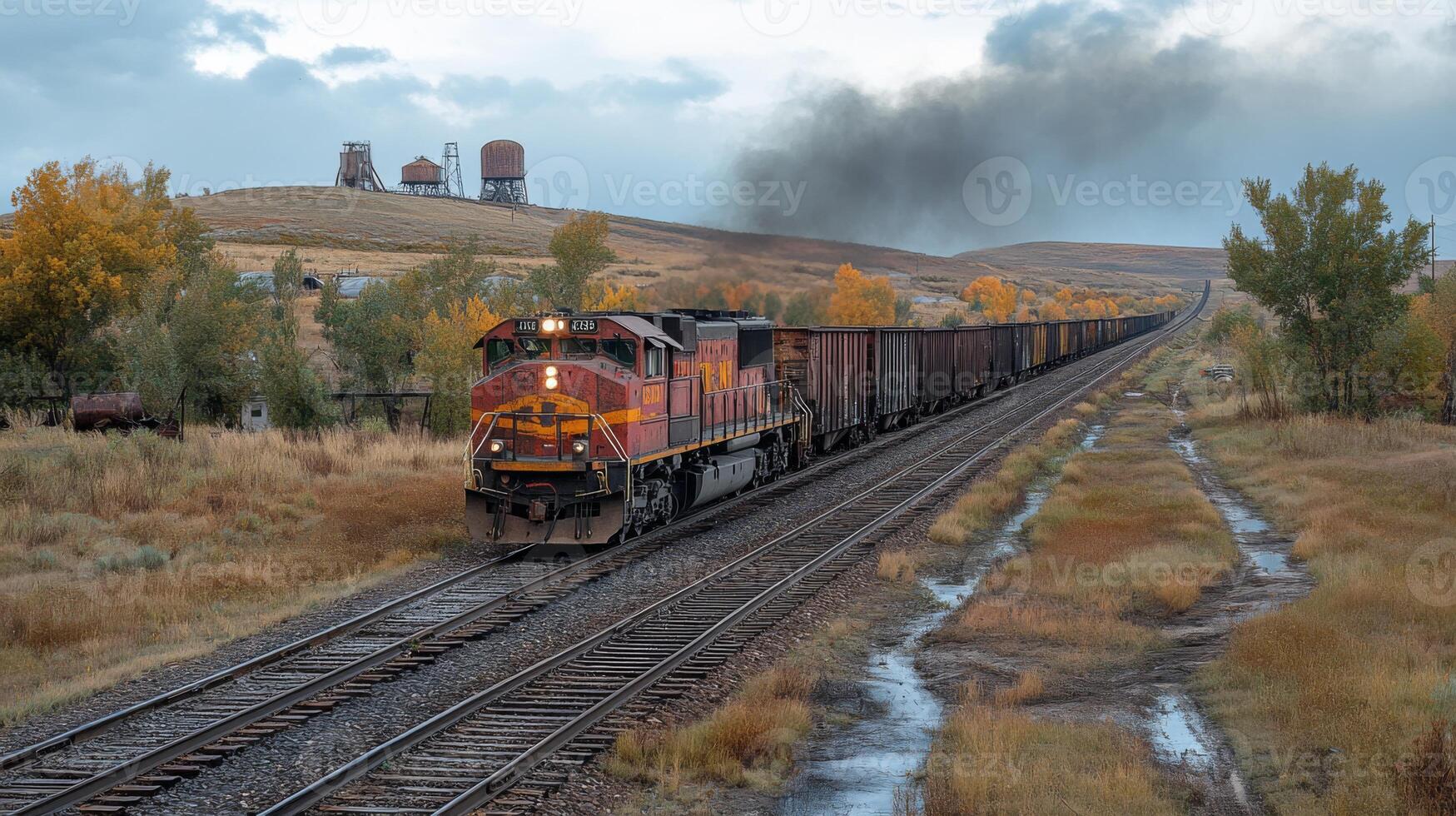 Coal filled freight train travels along railway tracks in a mining area, surrounded by autumn colors and distant extraction infrastructure under a cloudy sky. photo