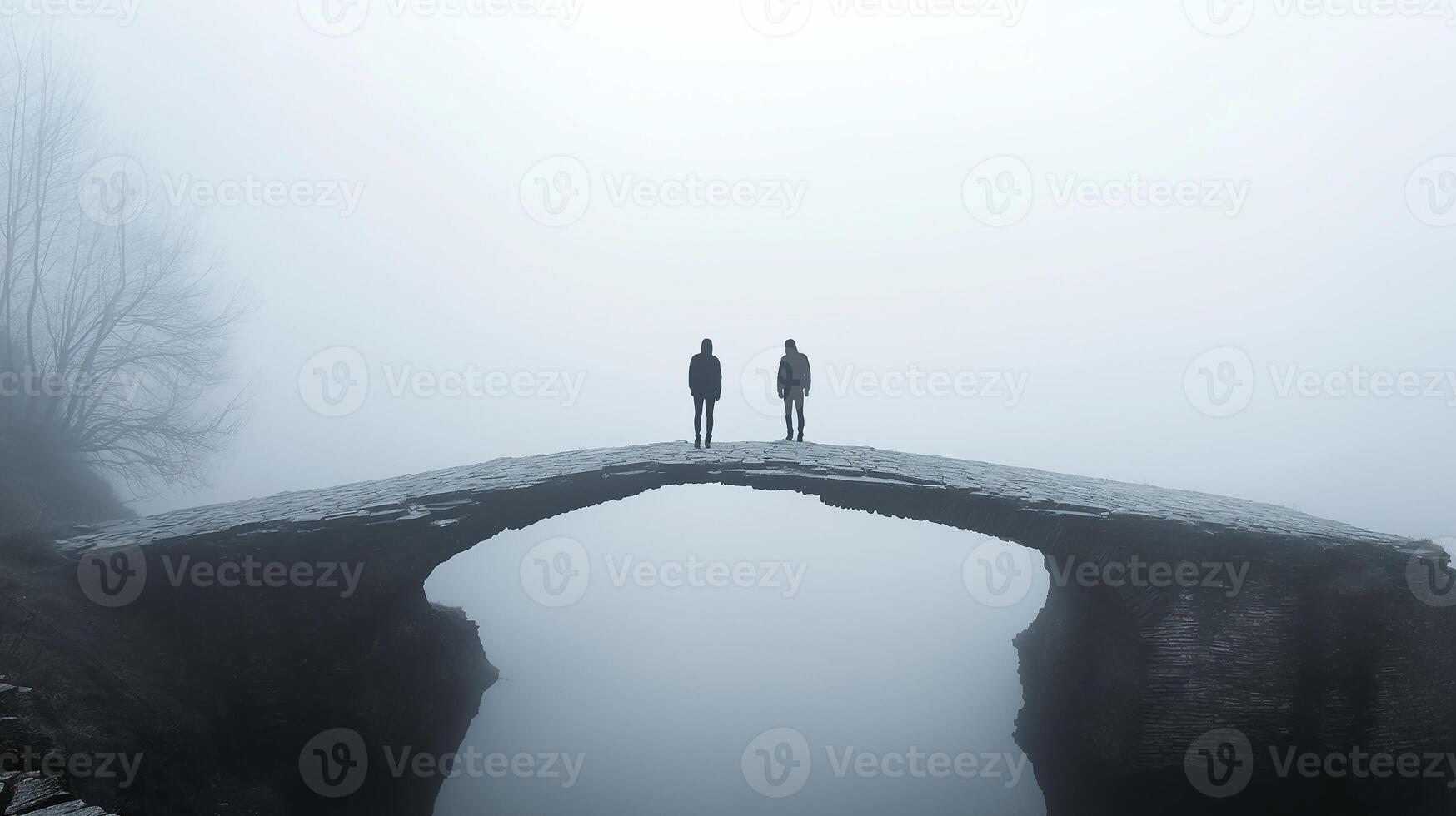 This Two silhouettes on a foggy bridge symbolize tension and potential reconciliation. photo