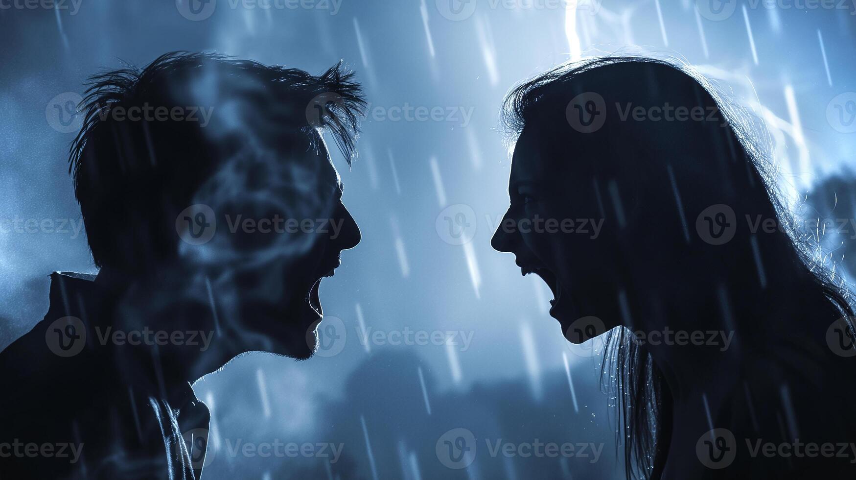 This Two individuals are caught in a heated argument under heavy rain, expressing strong emotions. photo