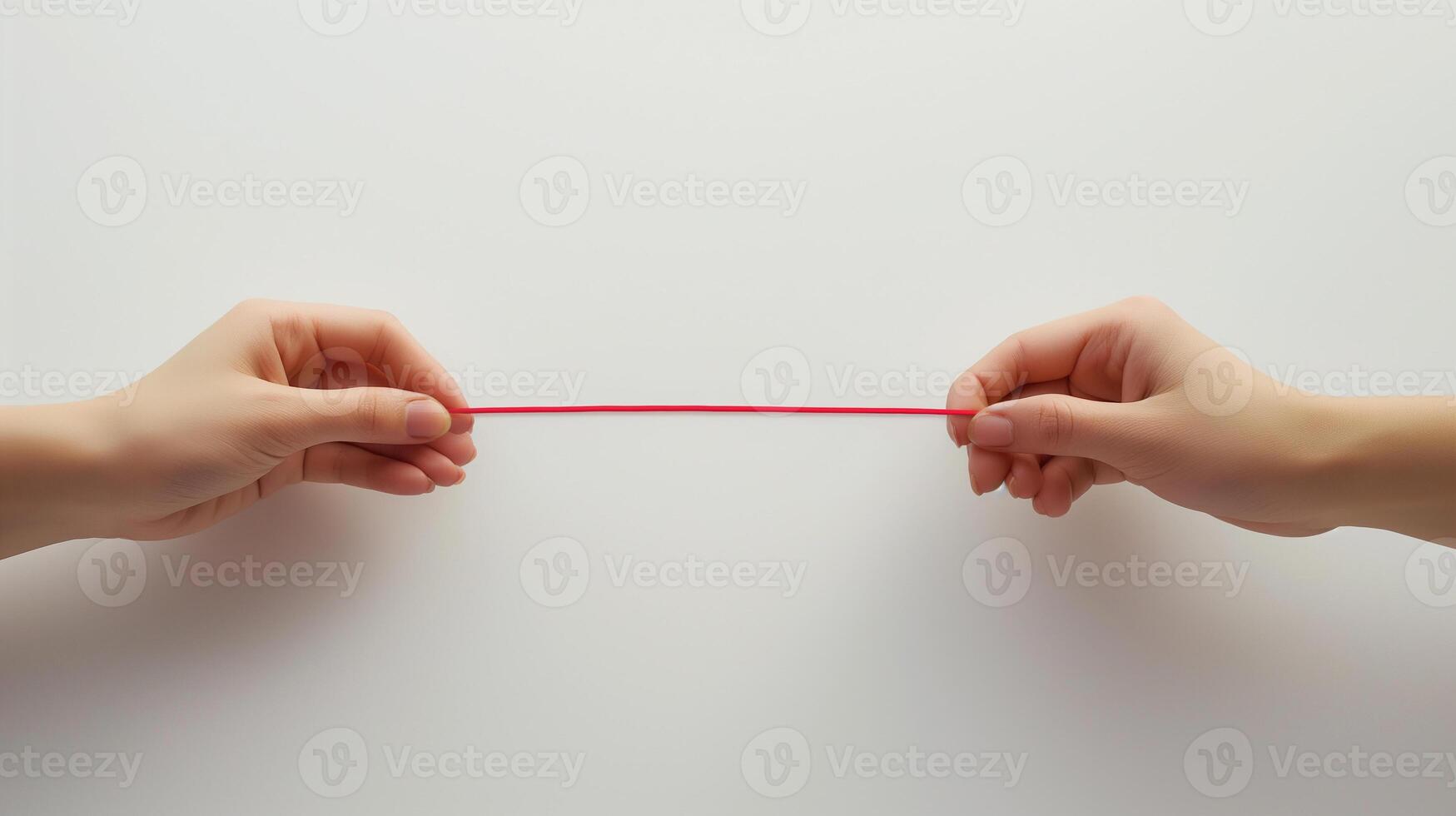 This Two hands grip a red string, highlighting tension and conflict in calm surroundings. photo